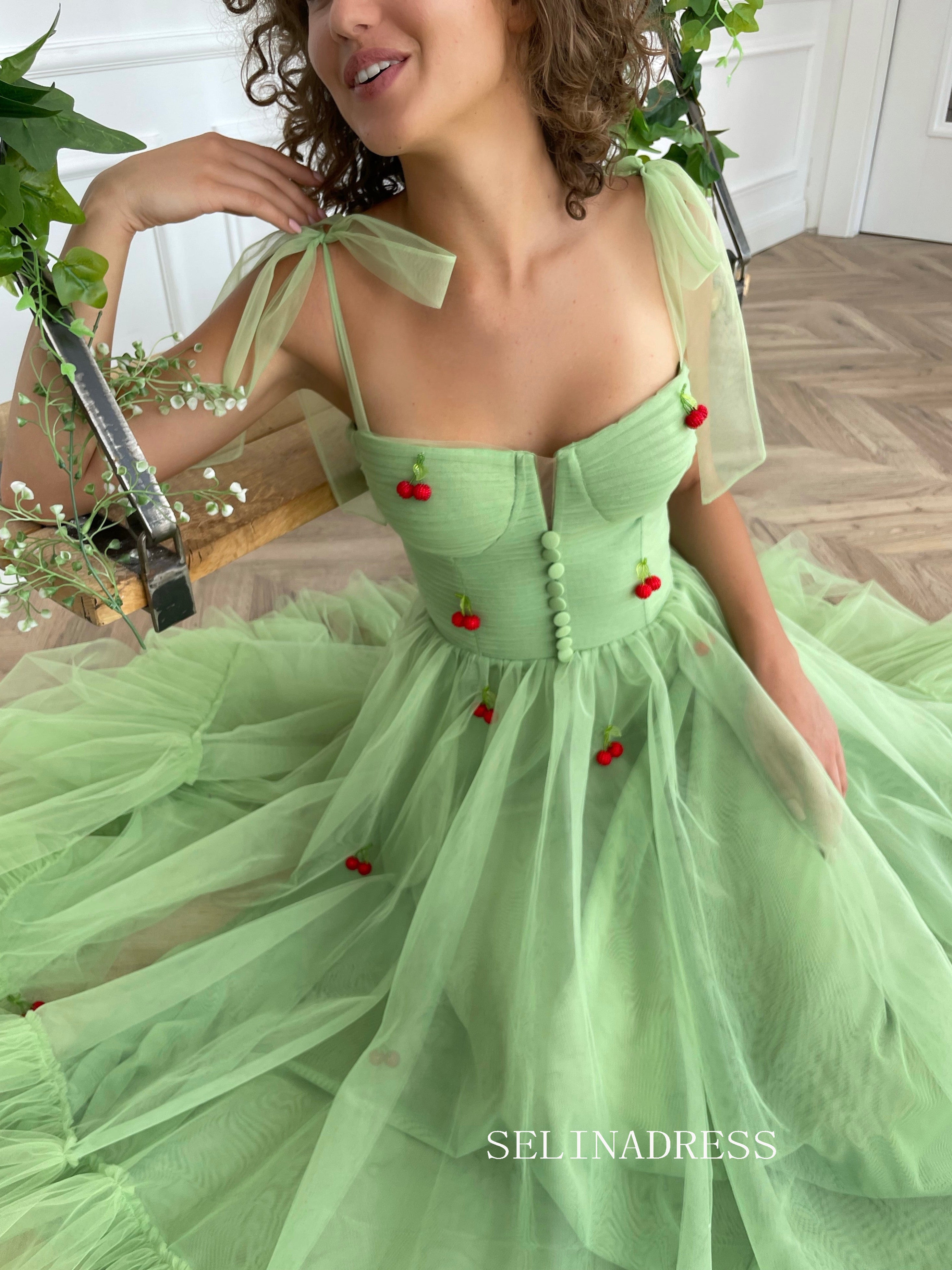 Mint A-line Tea Length Cherry Dress Short Prom Dresses TUN003|Selinadress