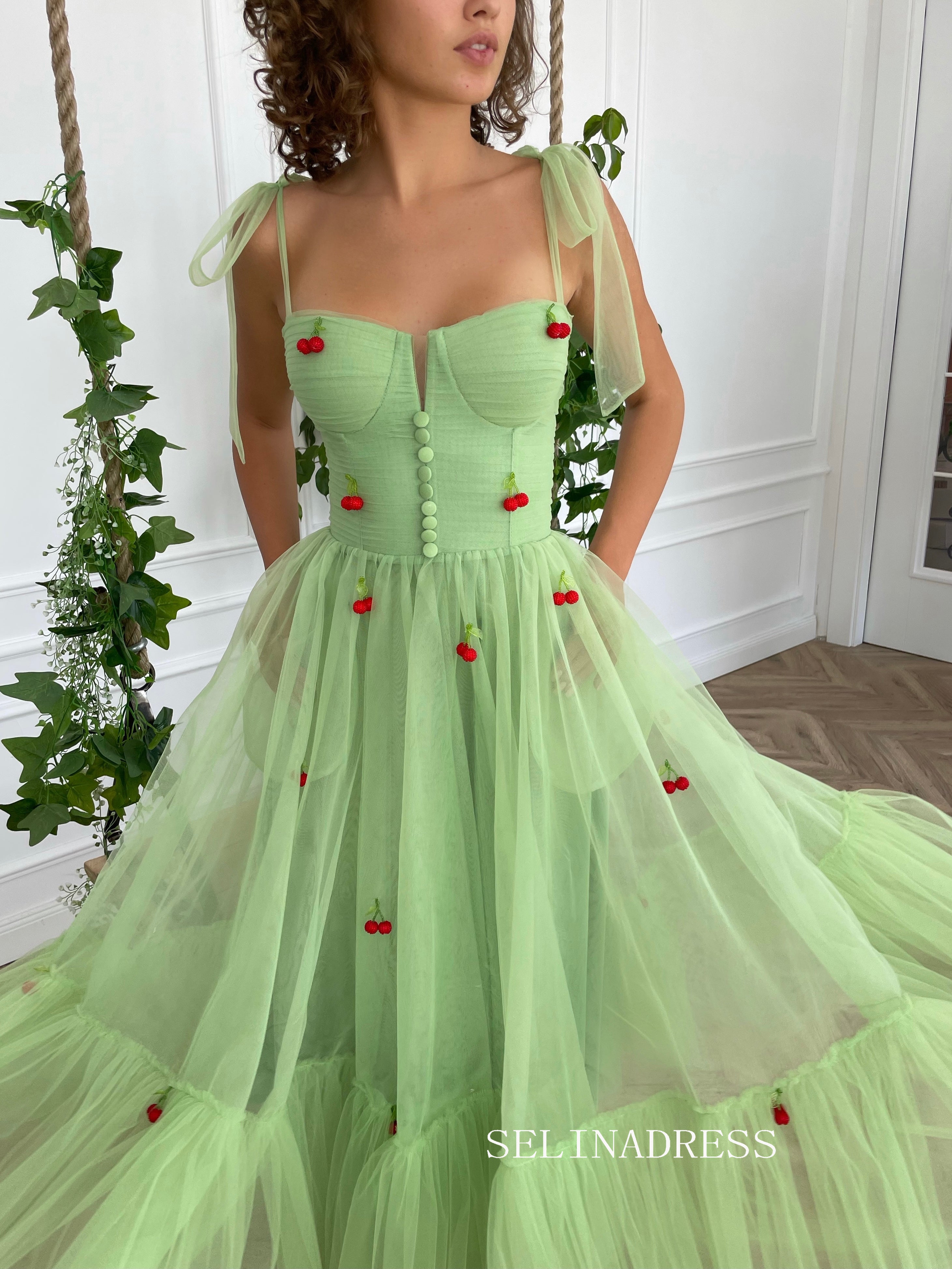 Mint A-line Tea Length Cherry Dress Short Prom Dresses TUN003|Selinadress