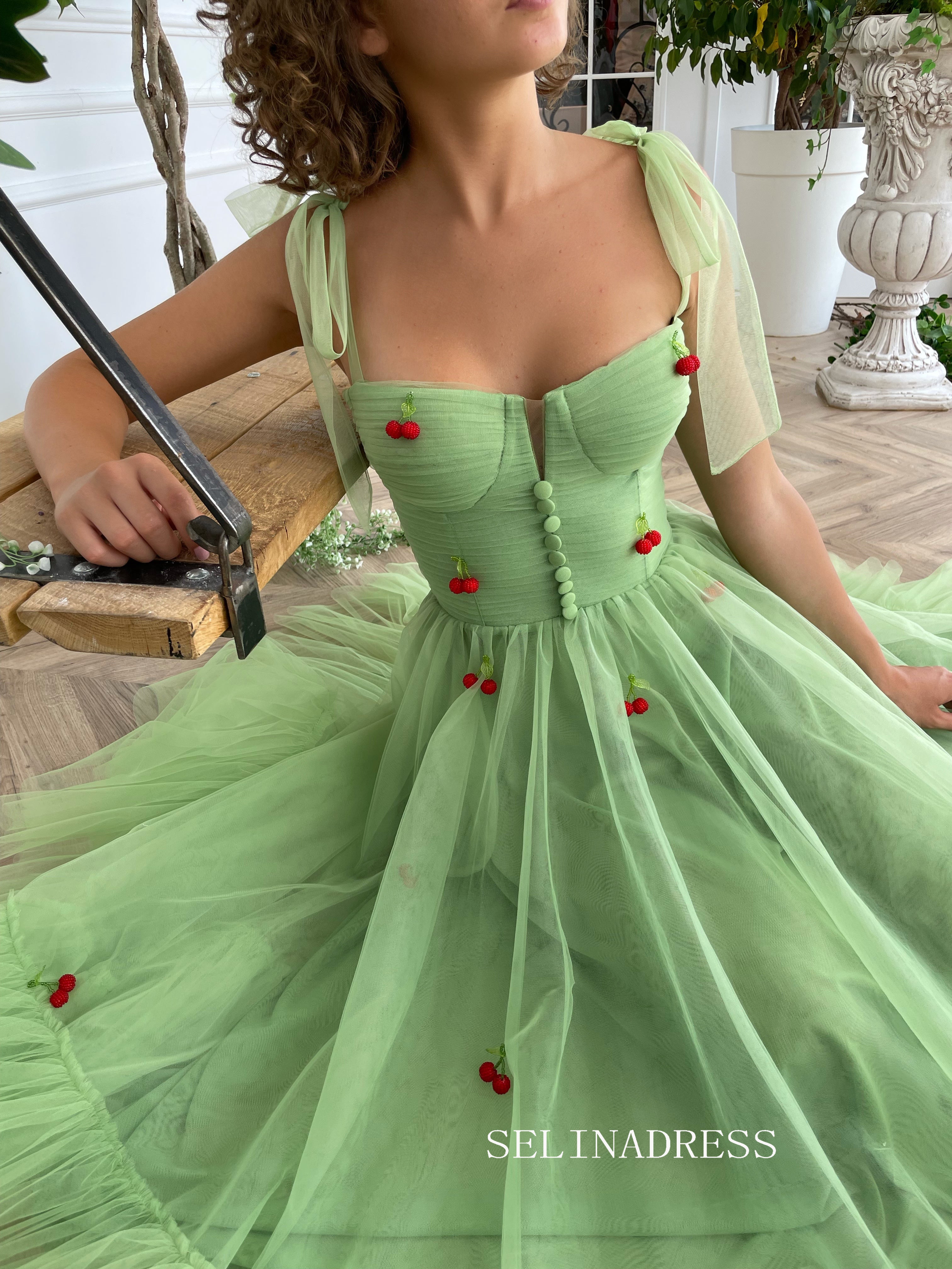 Mint A-line Tea Length Cherry Dress Short Prom Dresses TUN003|Selinadress
