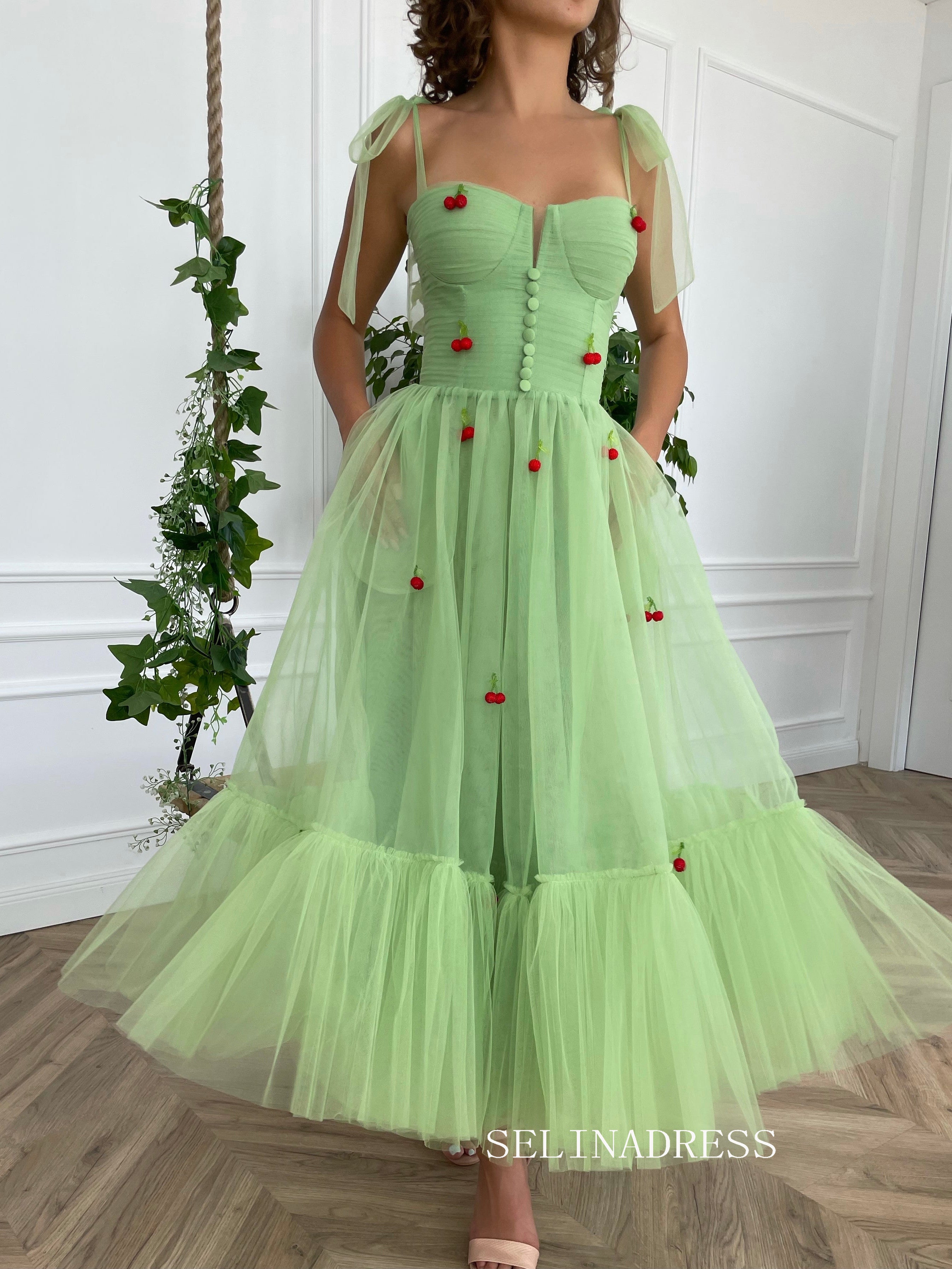 Mint A-line Tea Length Cherry Dress Short Prom Dresses TUN003|Selinadress