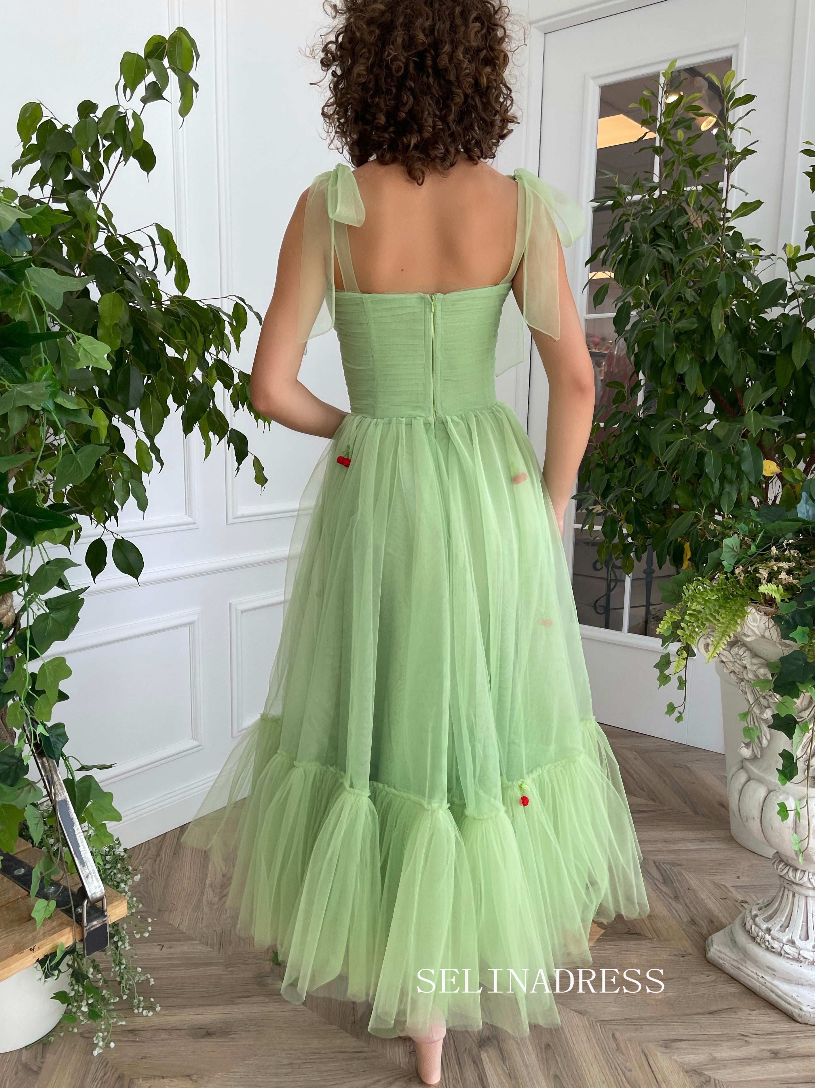 Mint A-line Tea Length Cherry Dress Short Prom Dresses TUN003|Selinadress