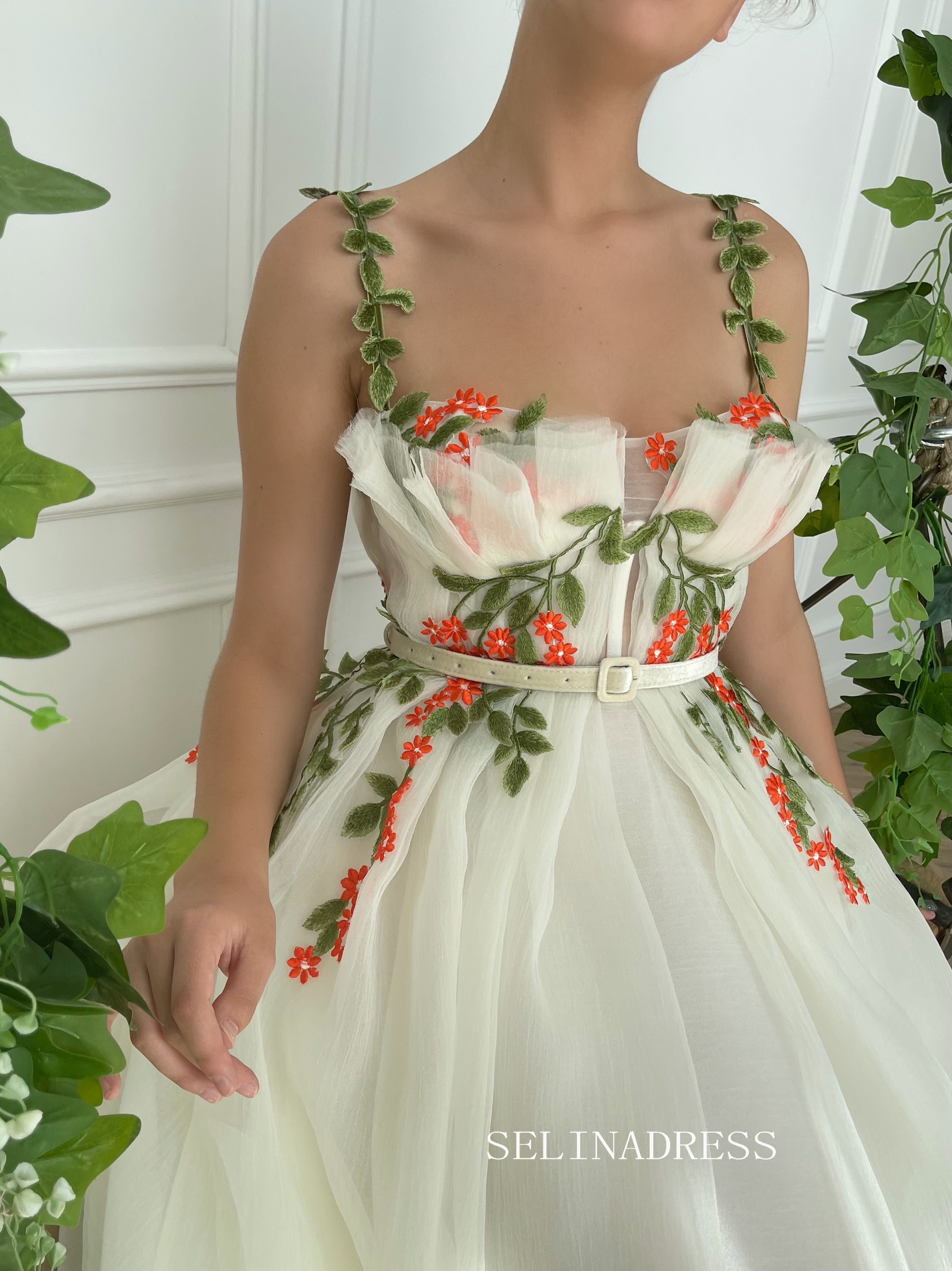A-line Ivory Floral Long Prom Dresses Gown With Side pockets TUN004|Selinadress