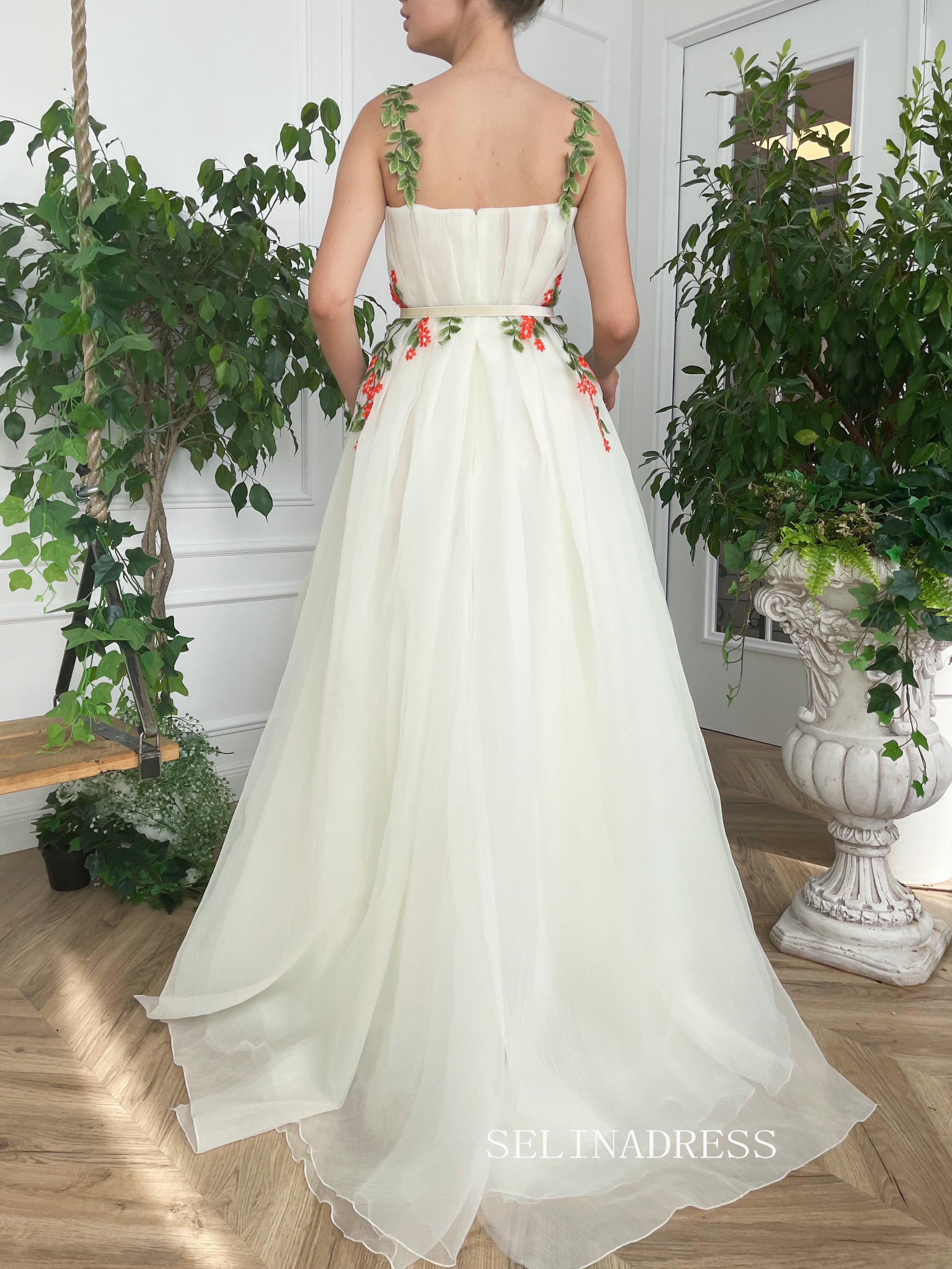 A-line Ivory Floral Long Prom Dresses Gown With Side pockets TUN004|Selinadress
