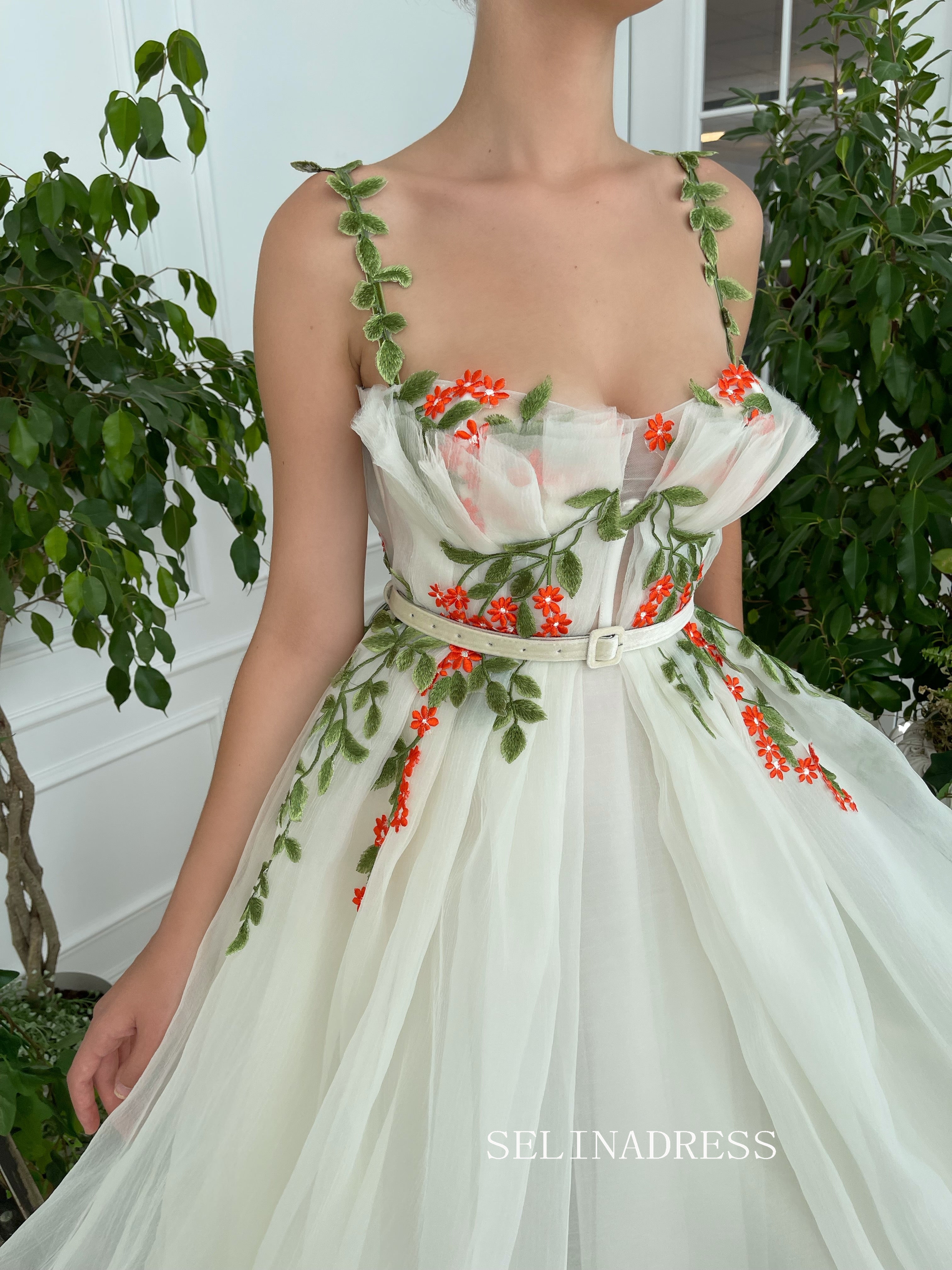 A-line Ivory Floral Long Prom Dresses Gown With Side pockets TUN004|Selinadress