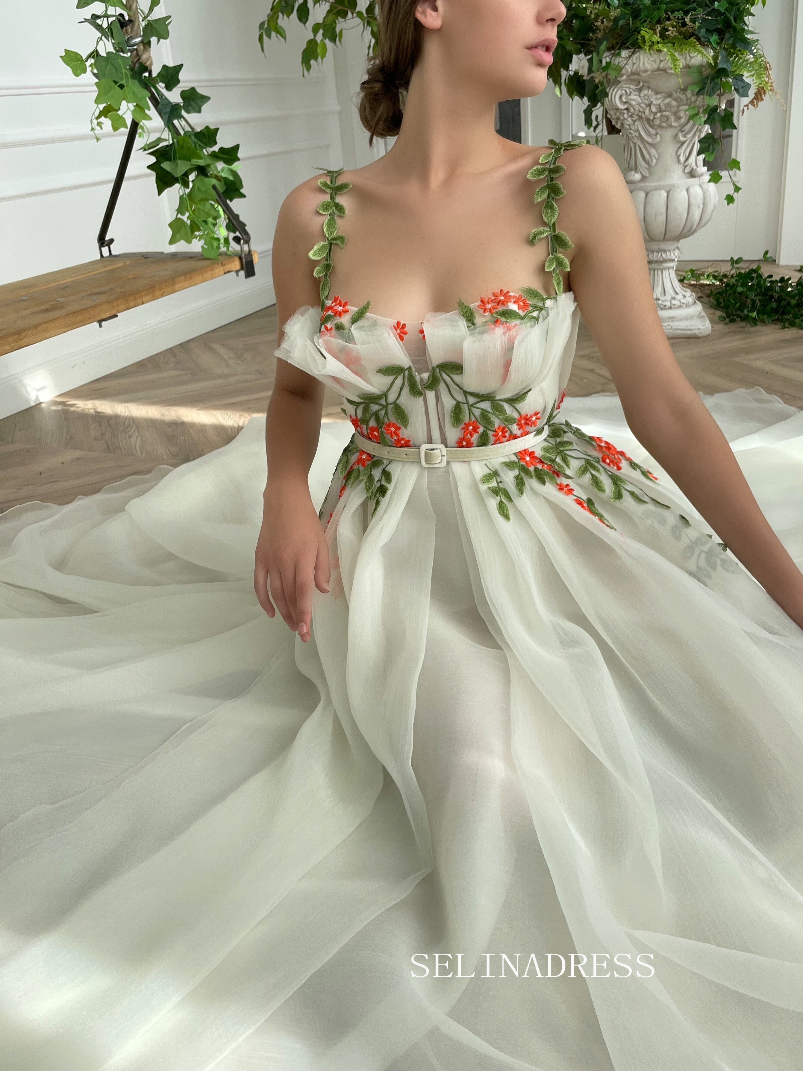 A-line Ivory Floral Long Prom Dresses Gown With Side pockets TUN004|Selinadress