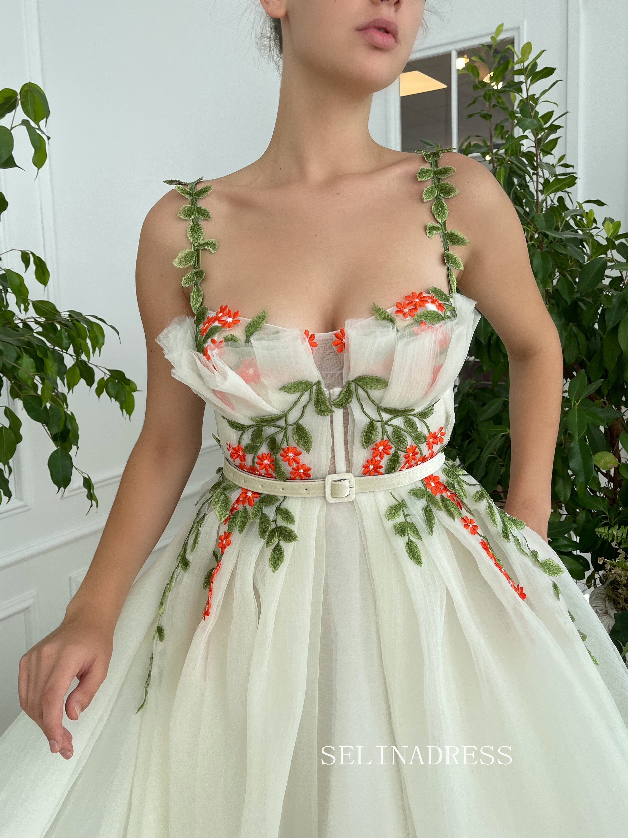 A-line Ivory Floral Long Prom Dresses Gown With Side pockets TUN004|Selinadress