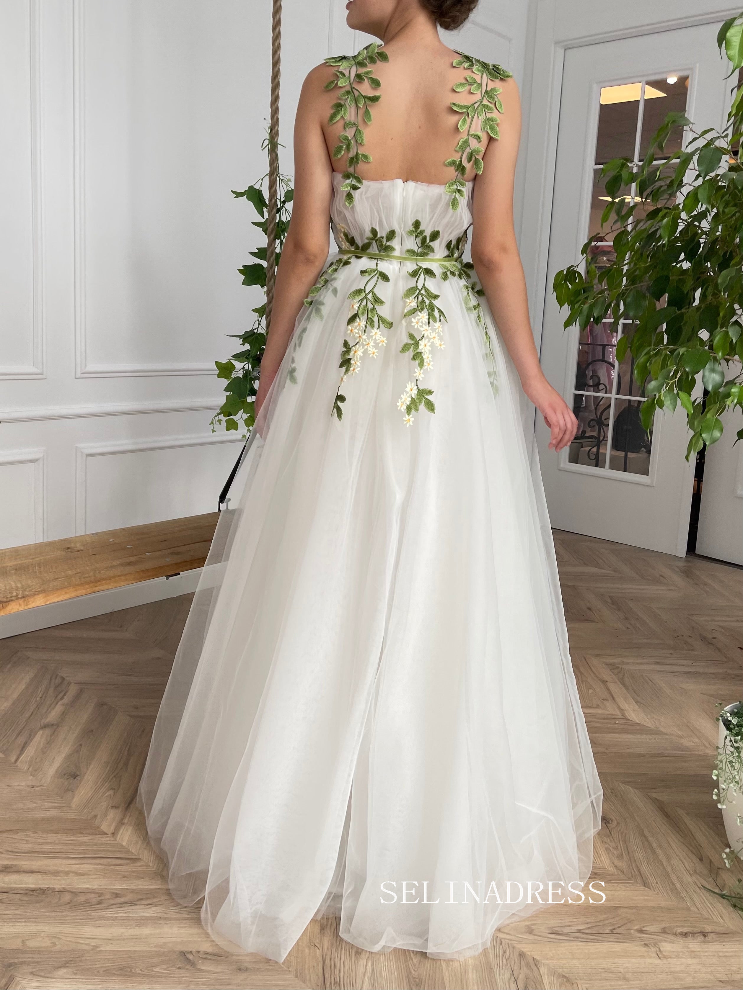 A-line Foor Length White Tulle Gown Long Prom Dress With Green Leaves TUN005|Selinadress