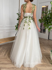 A-line Foor Length White Tulle Gown Long Prom Dress With Green Leaves TUN005|Selinadress