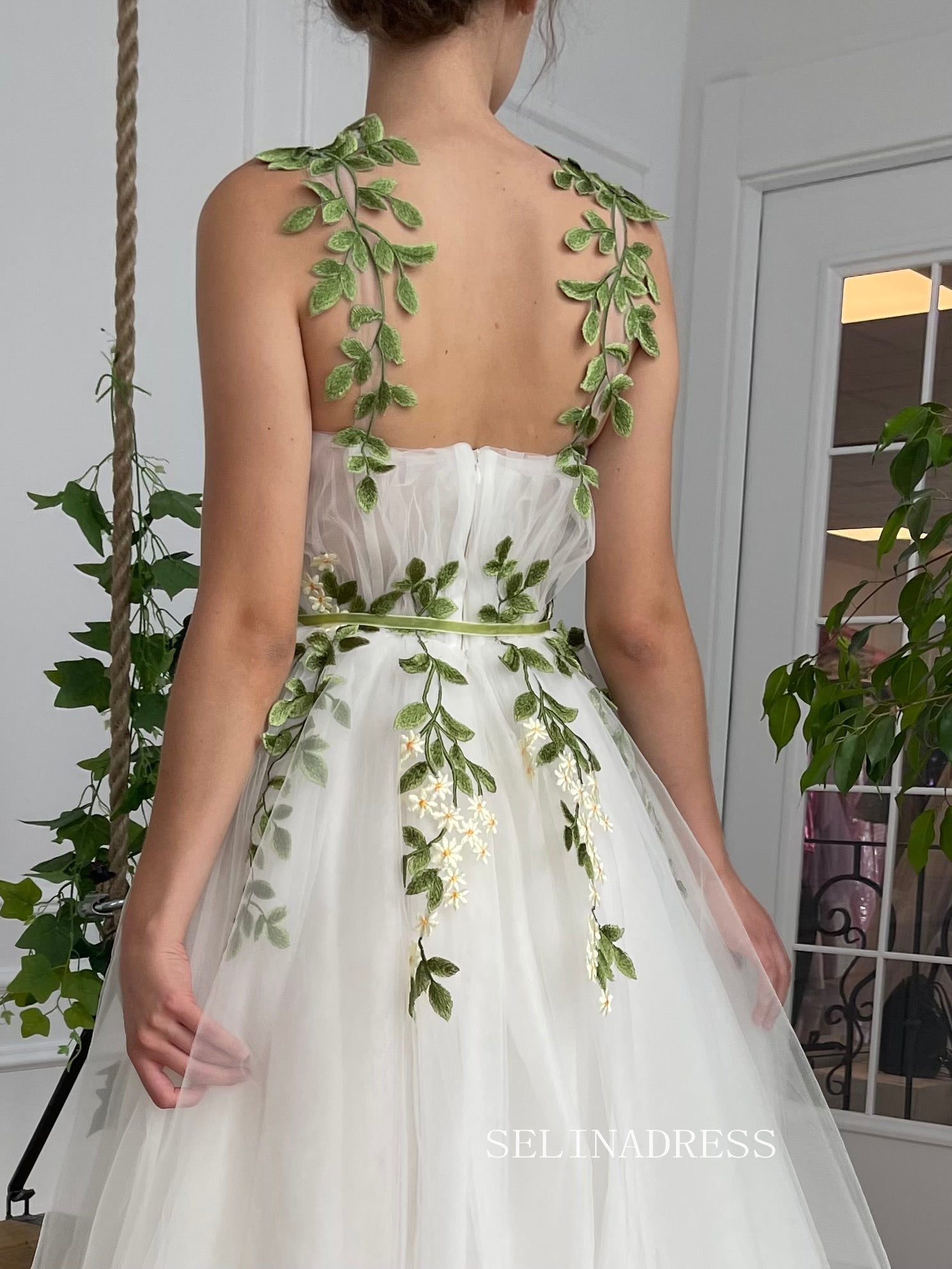 A-line Foor Length White Tulle Gown Long Prom Dress With Green Leaves TUN005|Selinadress