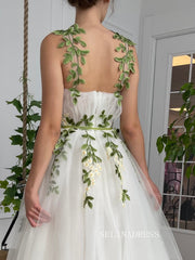 A-line Foor Length White Tulle Gown Long Prom Dress With Green Leaves TUN005|Selinadress