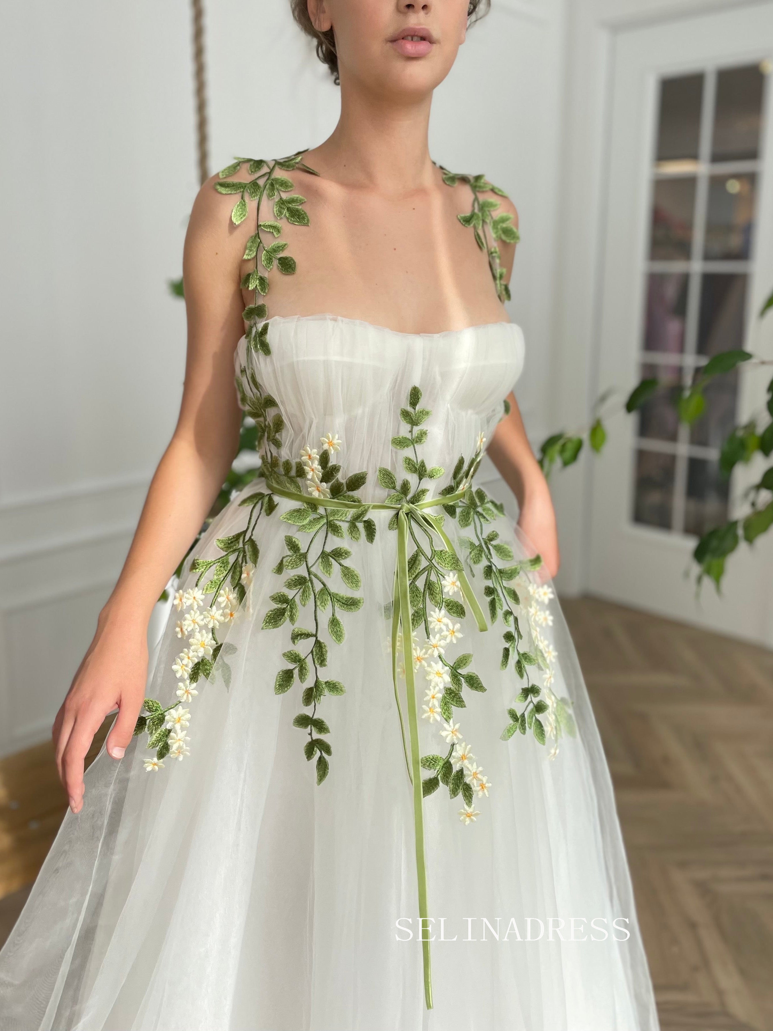 A-line Foor Length White Tulle Gown Long Prom Dress With Green Leaves TUN005|Selinadress