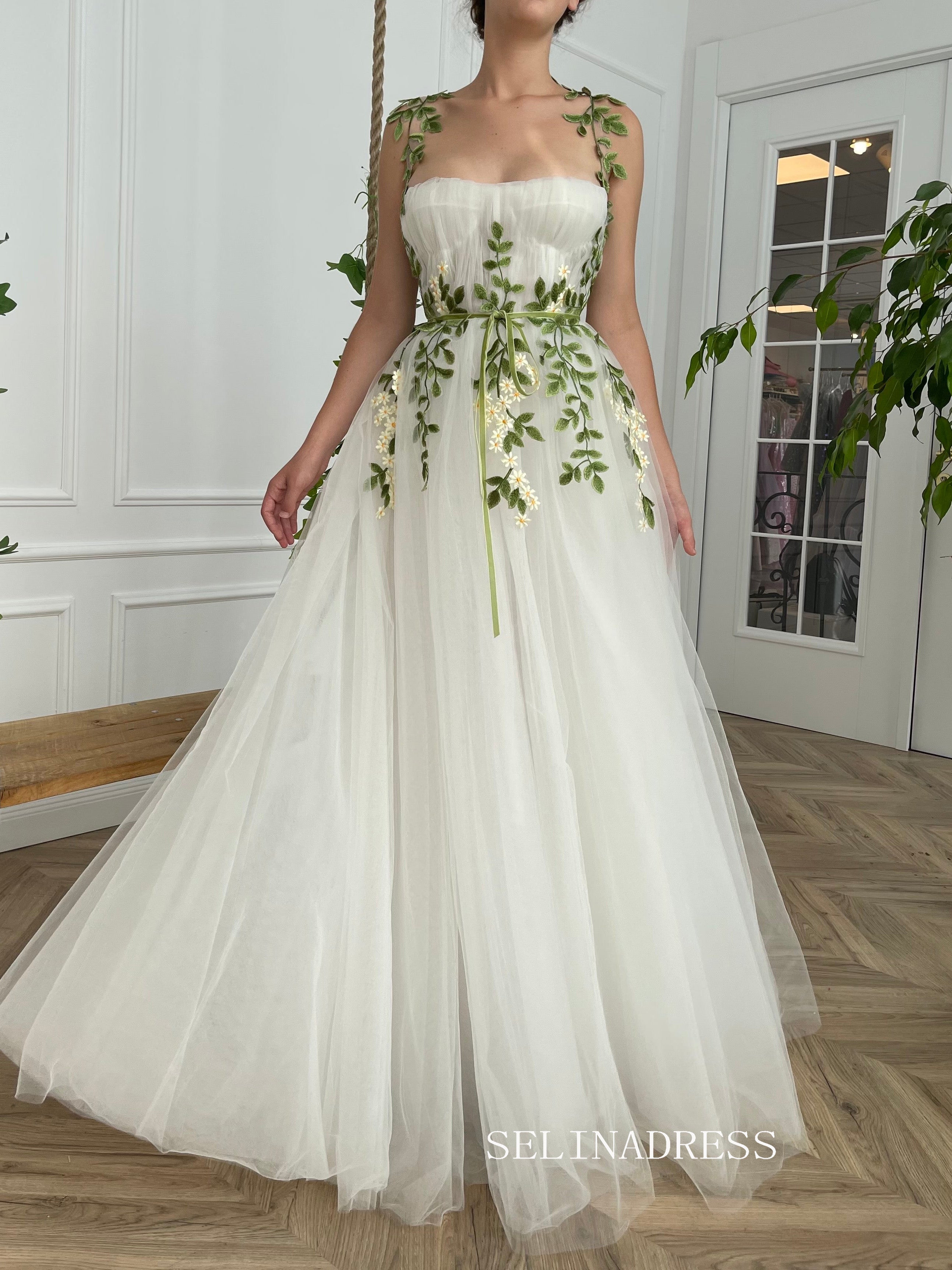 A-line Foor Length White Tulle Gown Long Prom Dress With Green Leaves TUN005|Selinadress