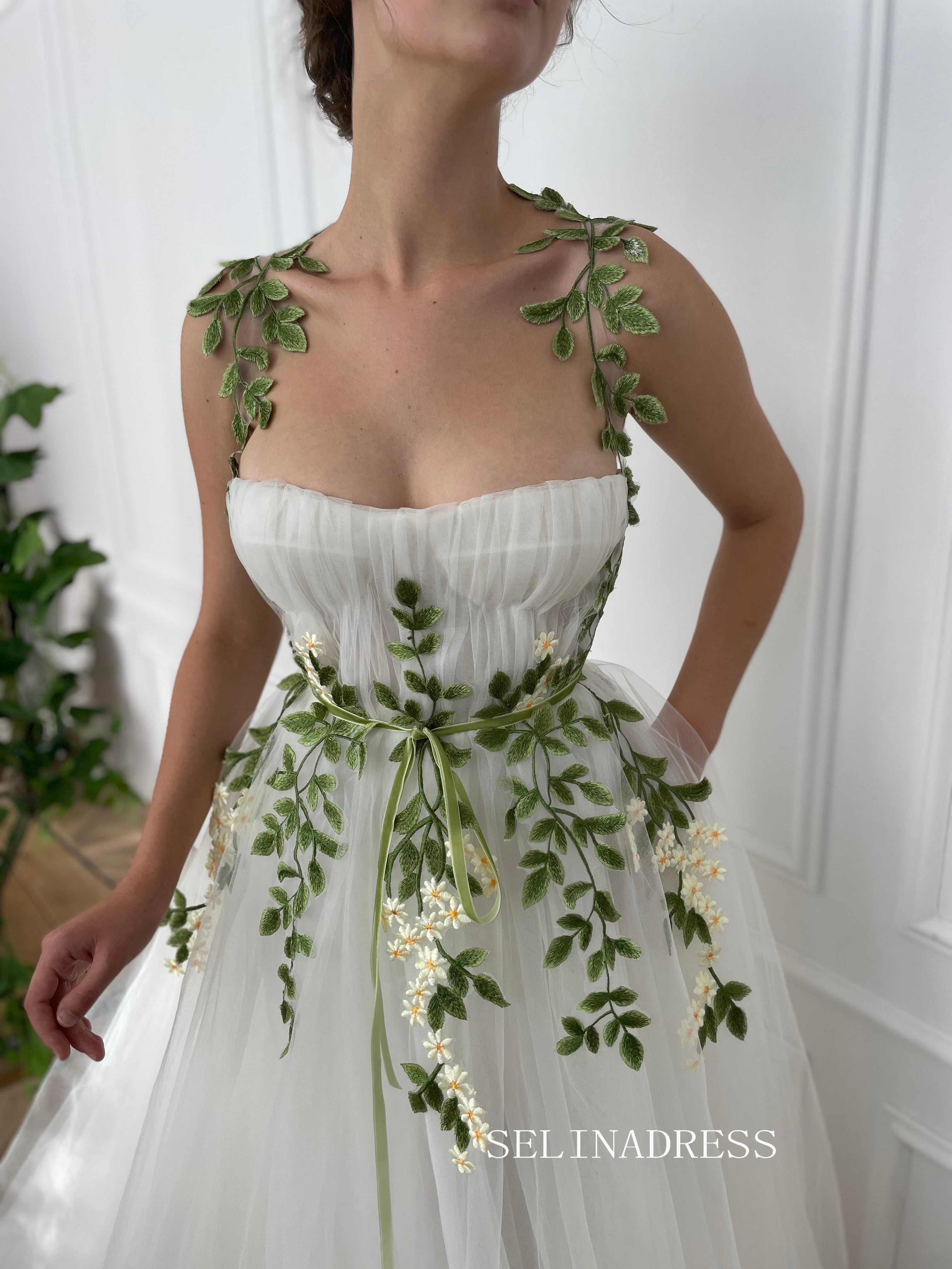 A-line Foor Length White Tulle Gown Long Prom Dress With Green Leaves TUN005|Selinadress