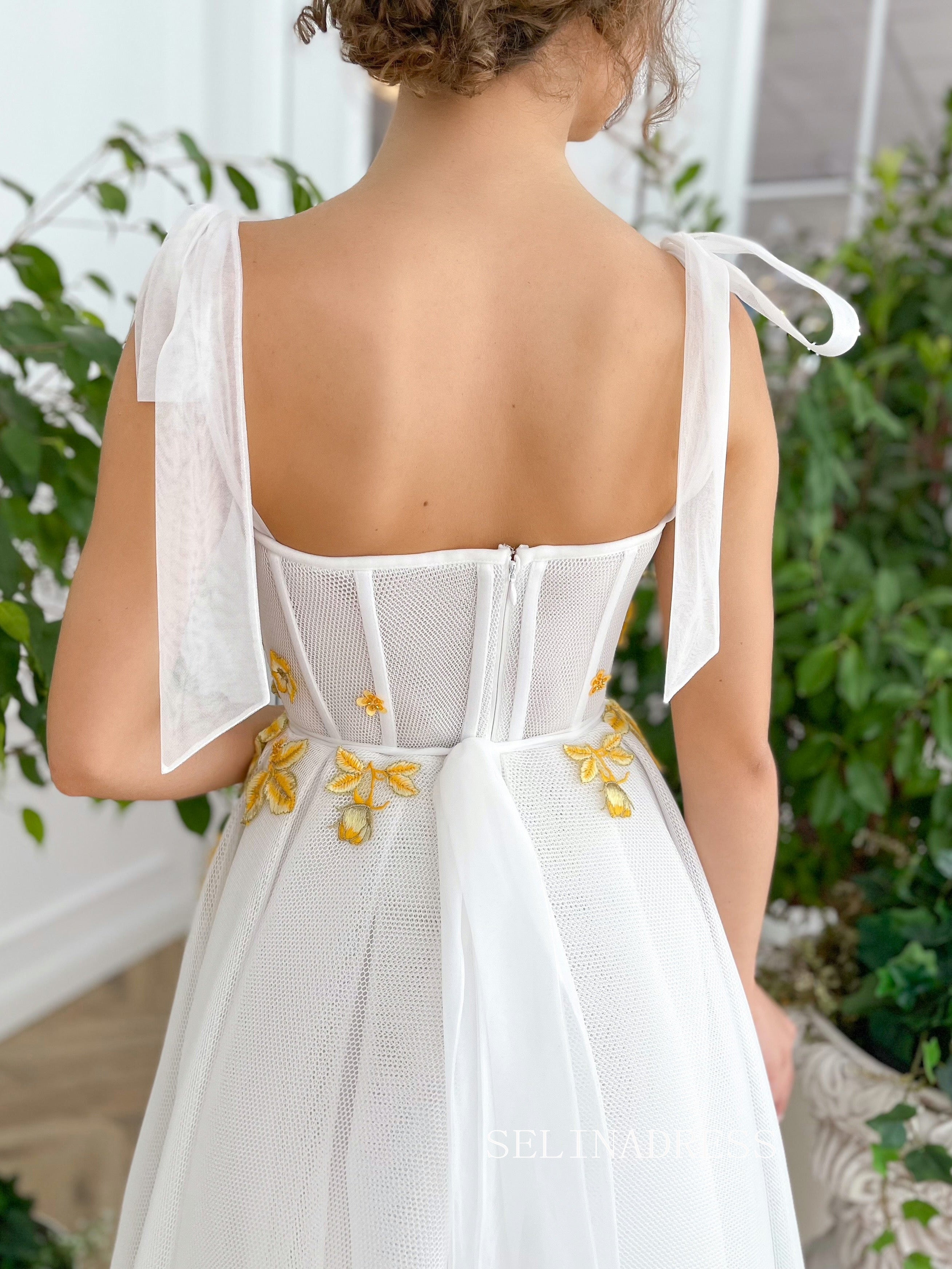 White Straps Tea Length Prom Dresses Gown With Gold Floral Placket TUN007|Selinadress
