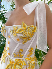 White Straps Tea Length Prom Dresses Gown With Gold Floral Placket TUN007|Selinadress