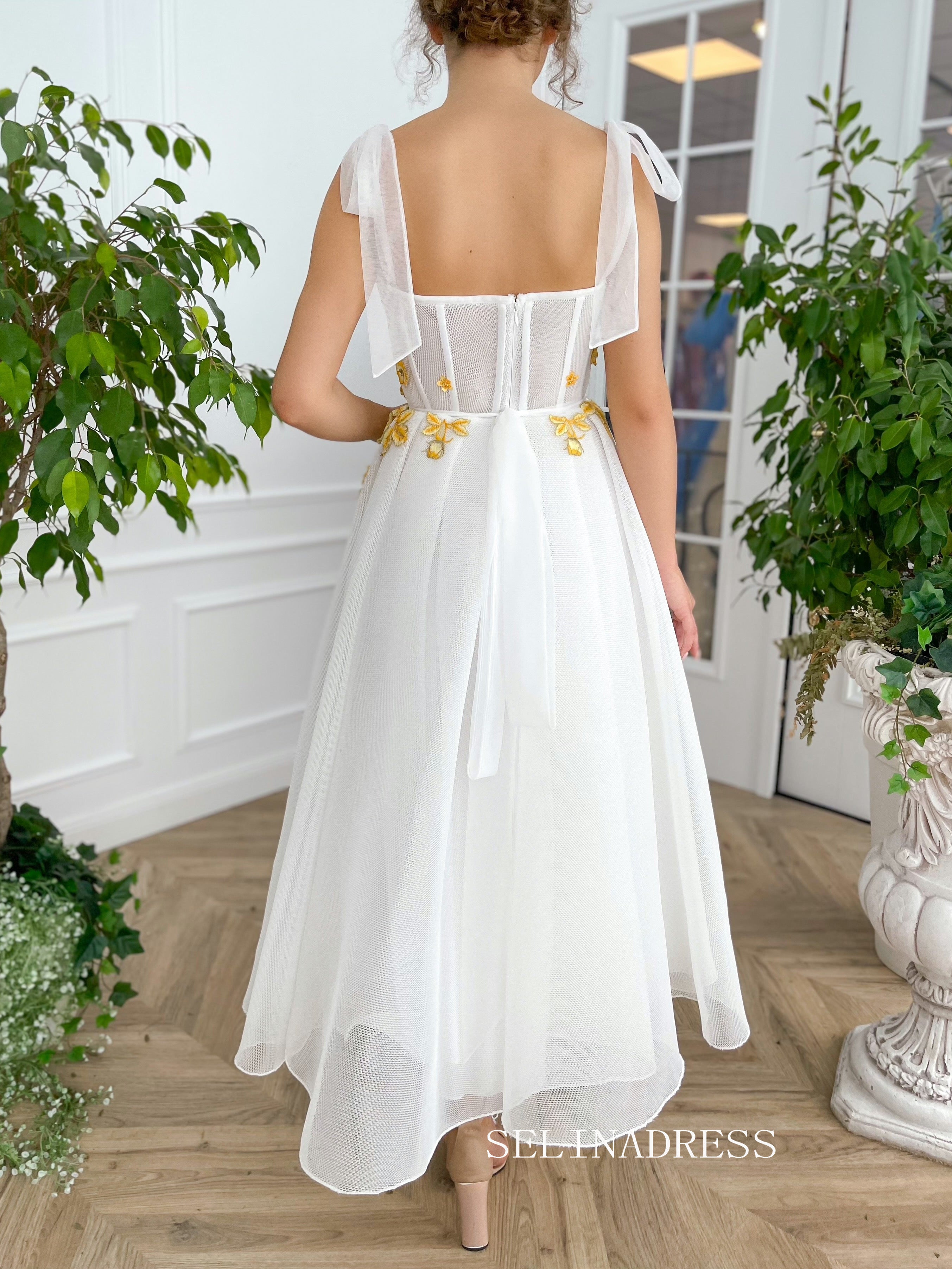White Straps Tea Length Prom Dresses Gown With Gold Floral Placket TUN007|Selinadress