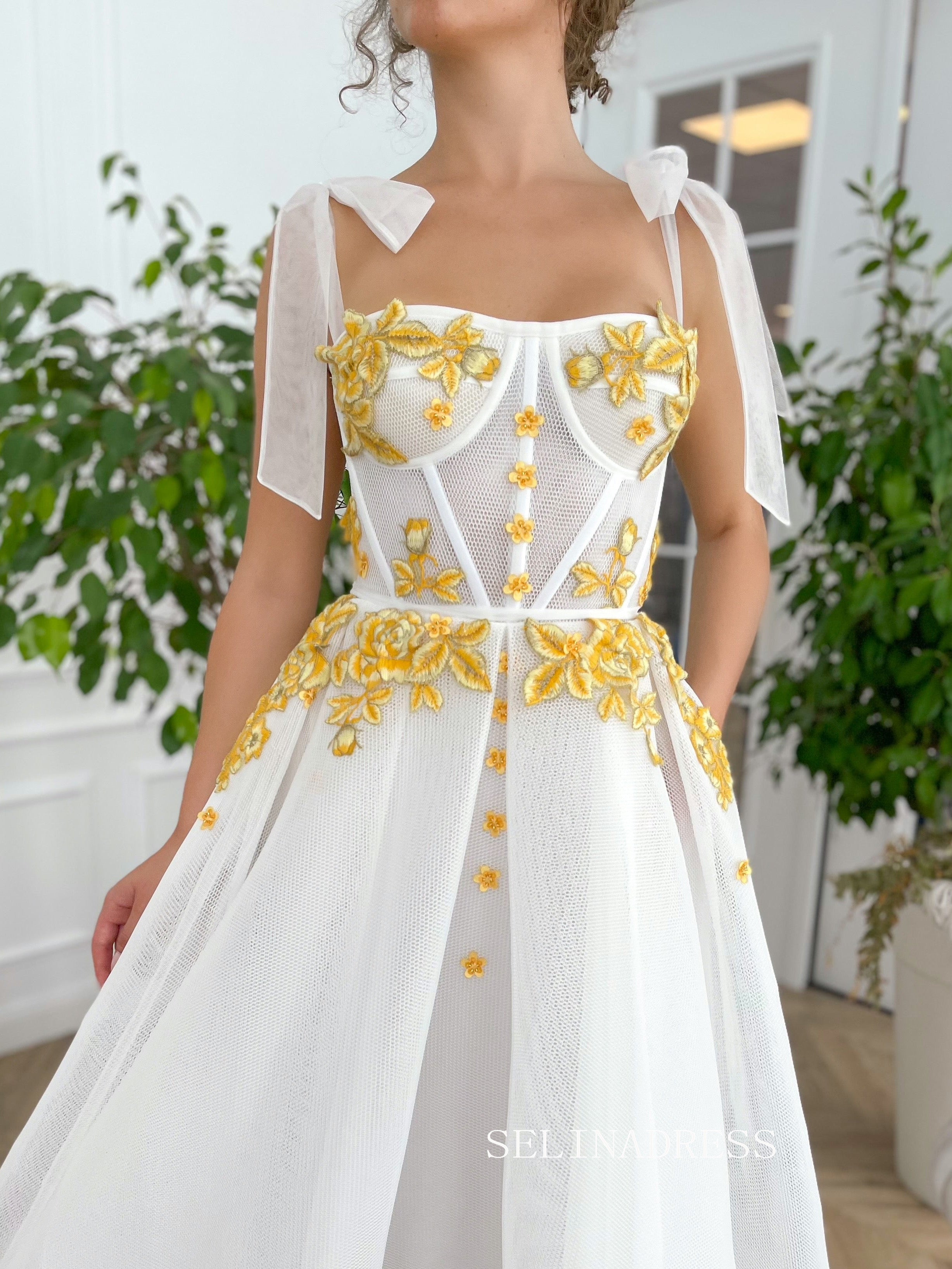White Straps Tea Length Prom Dresses Gown With Gold Floral Placket TUN007|Selinadress