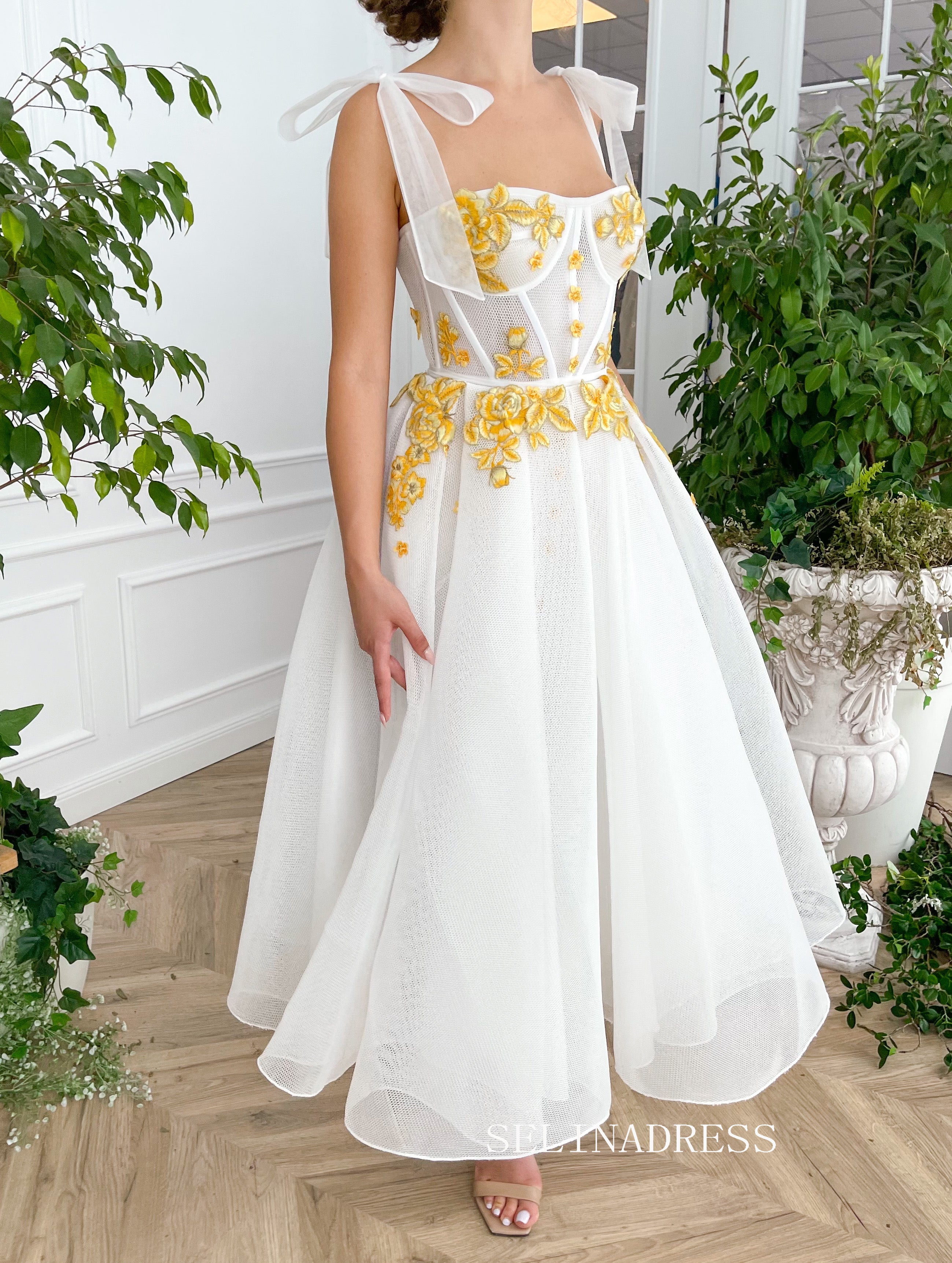 White Straps Tea Length Prom Dresses Gown With Gold Floral Placket TUN007|Selinadress