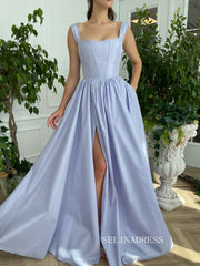 A-line Square neckline Prom Dress Periwinkle Skies Corset Gown With Slit TUN008|Selinadress