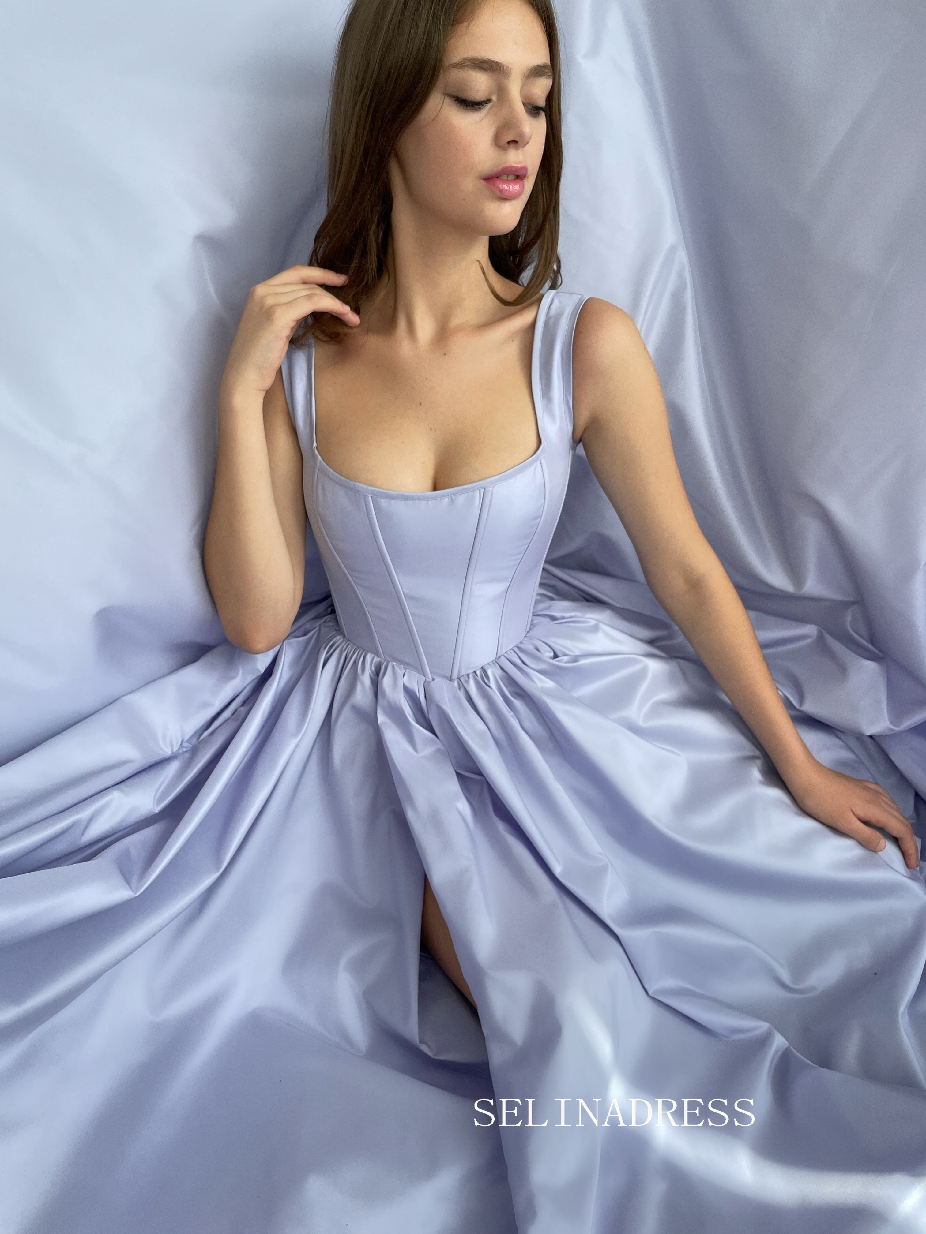 A-line Square neckline Prom Dress Periwinkle Skies Corset Gown With Slit TUN008|Selinadress