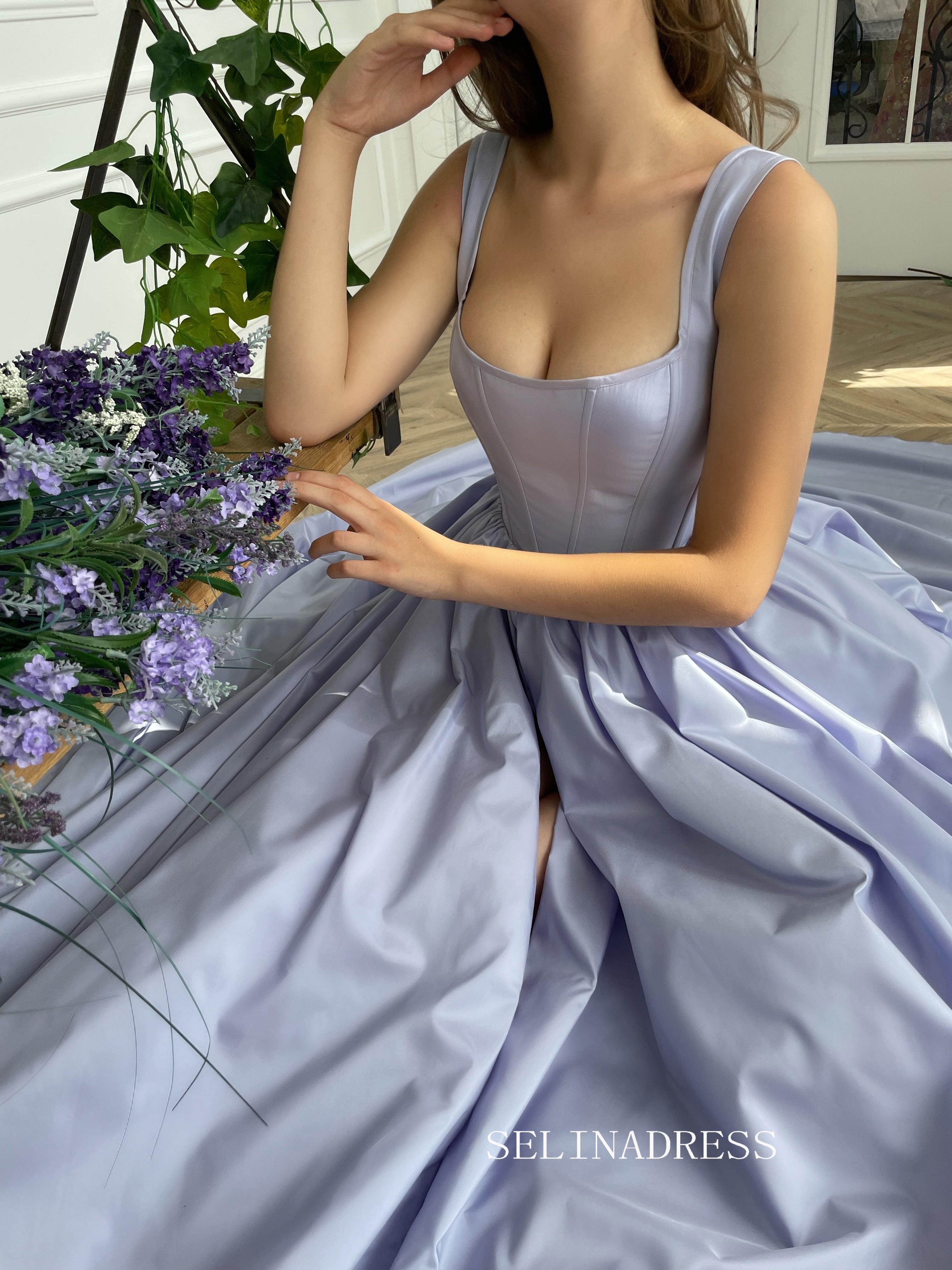 A-line Square neckline Prom Dress Periwinkle Skies Corset Gown With Slit TUN008|Selinadress