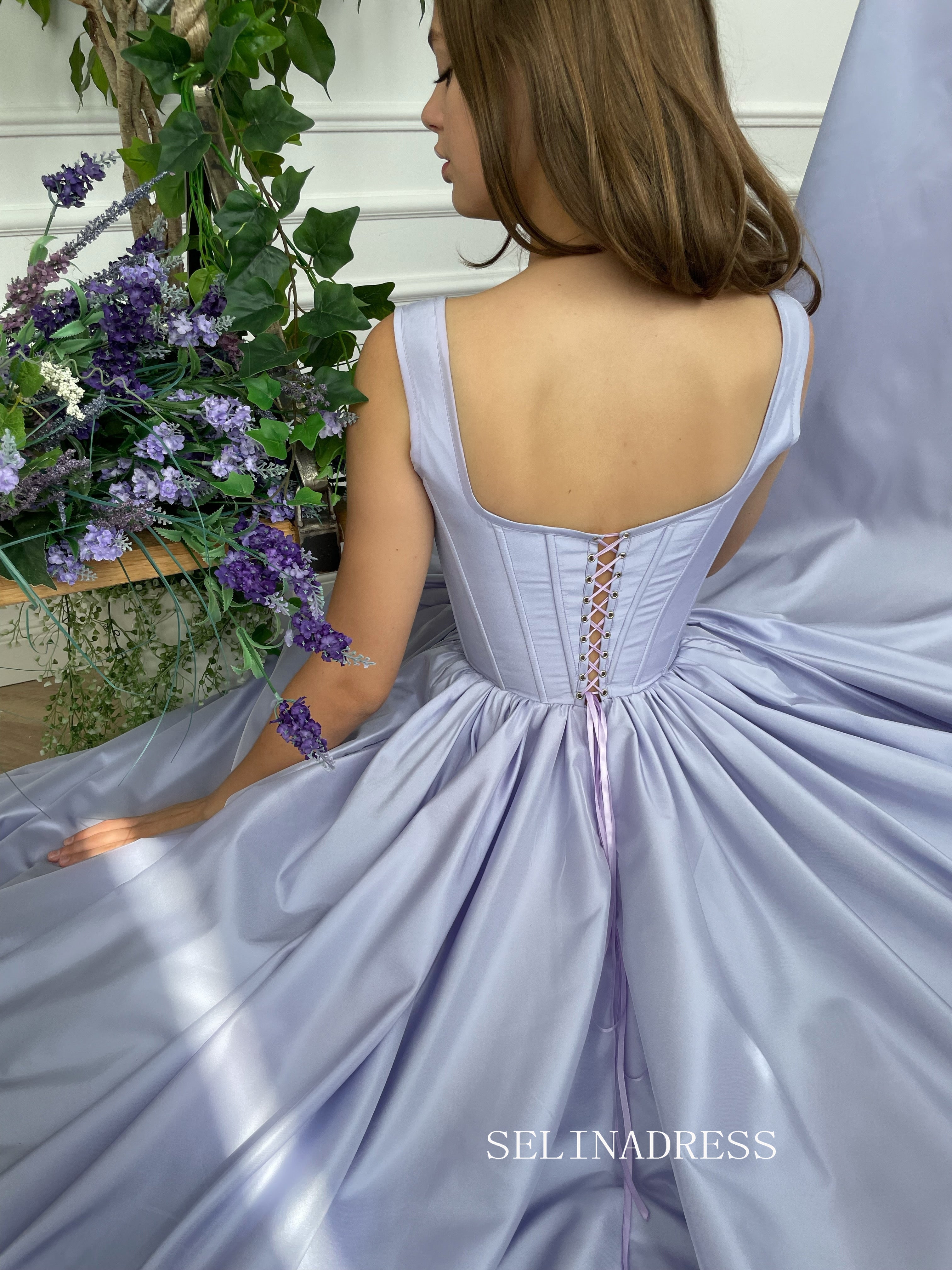 A-line Square neckline Prom Dress Periwinkle Skies Corset Gown With Slit TUN008|Selinadress
