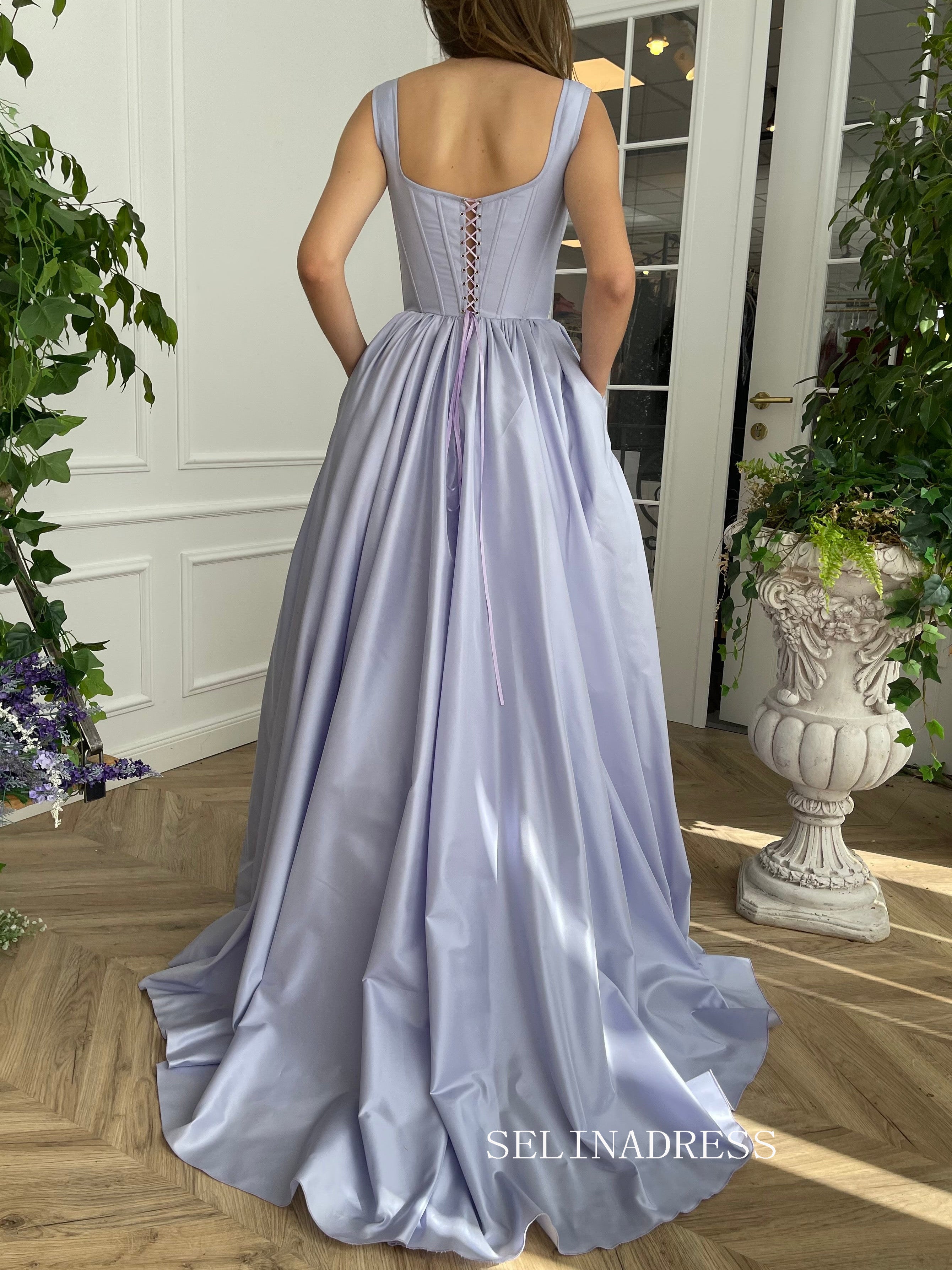 A-line Square neckline Prom Dress Periwinkle Skies Corset Gown With Slit TUN008|Selinadress