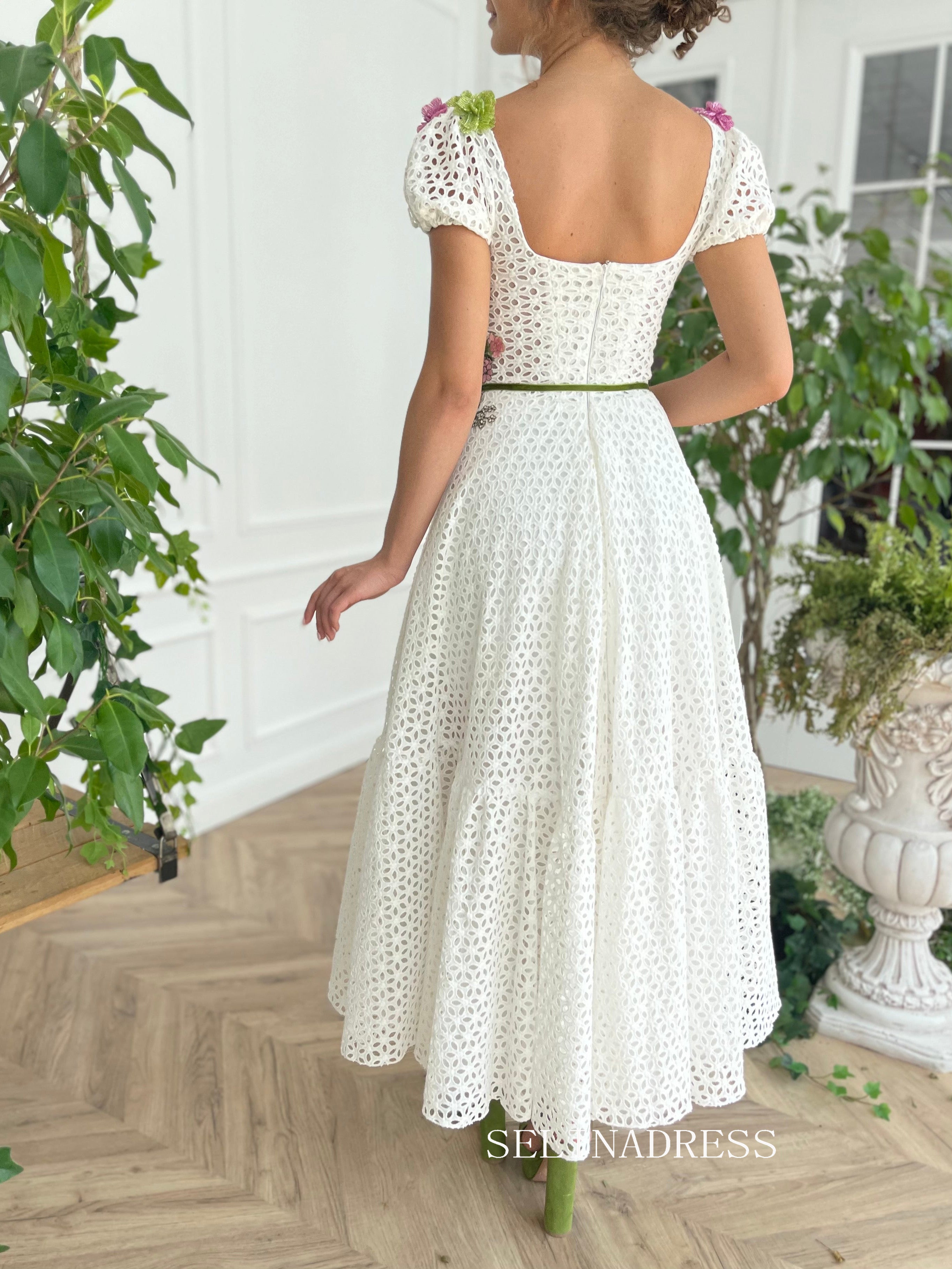 A-line Rosette Ivy Fields Corset Dress Short sleeves Tea Length Prom Dress TUN009|Selinadress