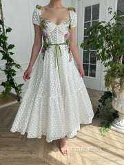 A-line Rosette Ivy Fields Corset Dress Short sleeves Tea Length Prom Dress TUN009|Selinadress