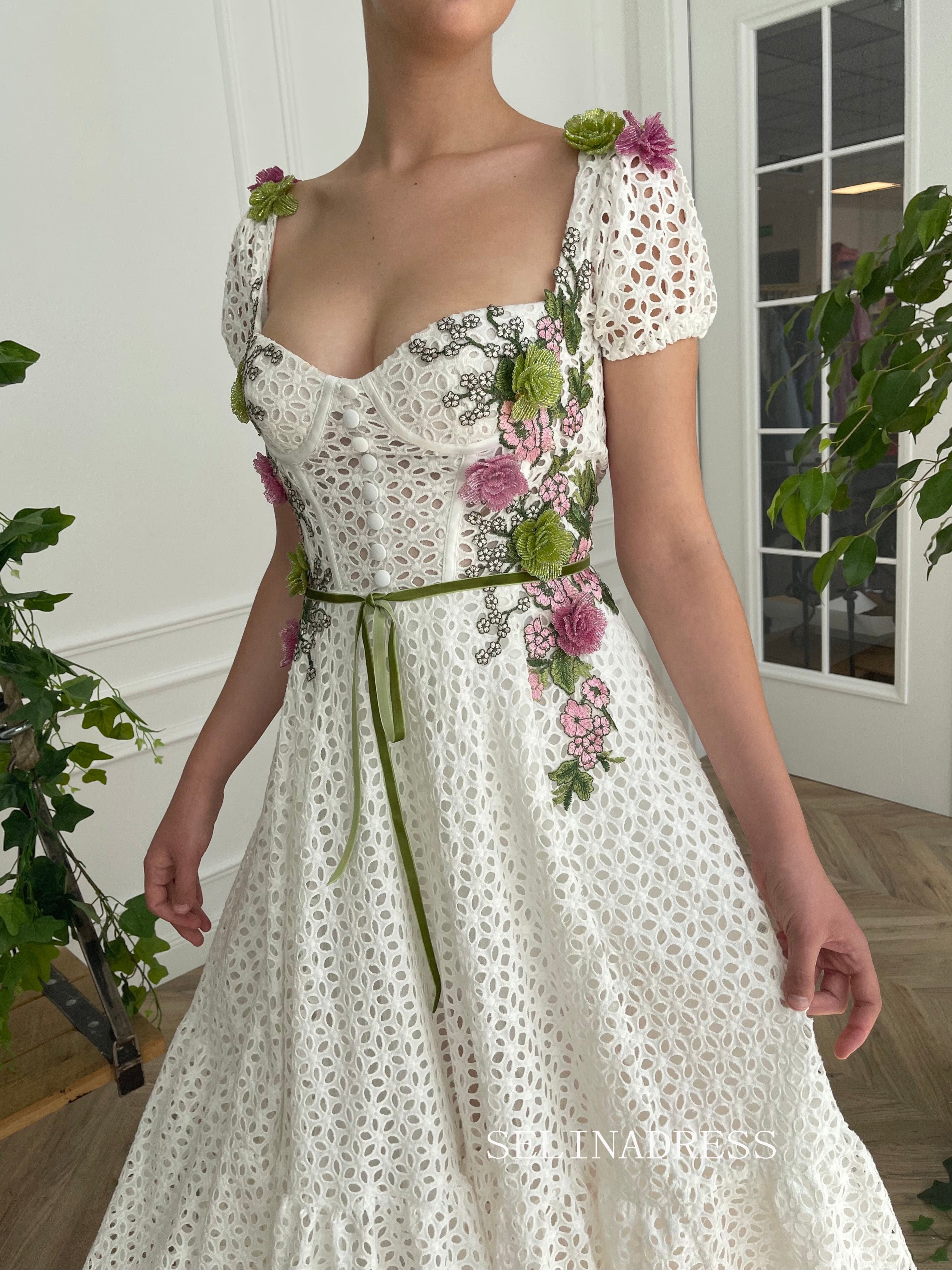 A-line Rosette Ivy Fields Corset Dress Short sleeves Tea Length Prom Dress TUN009|Selinadress