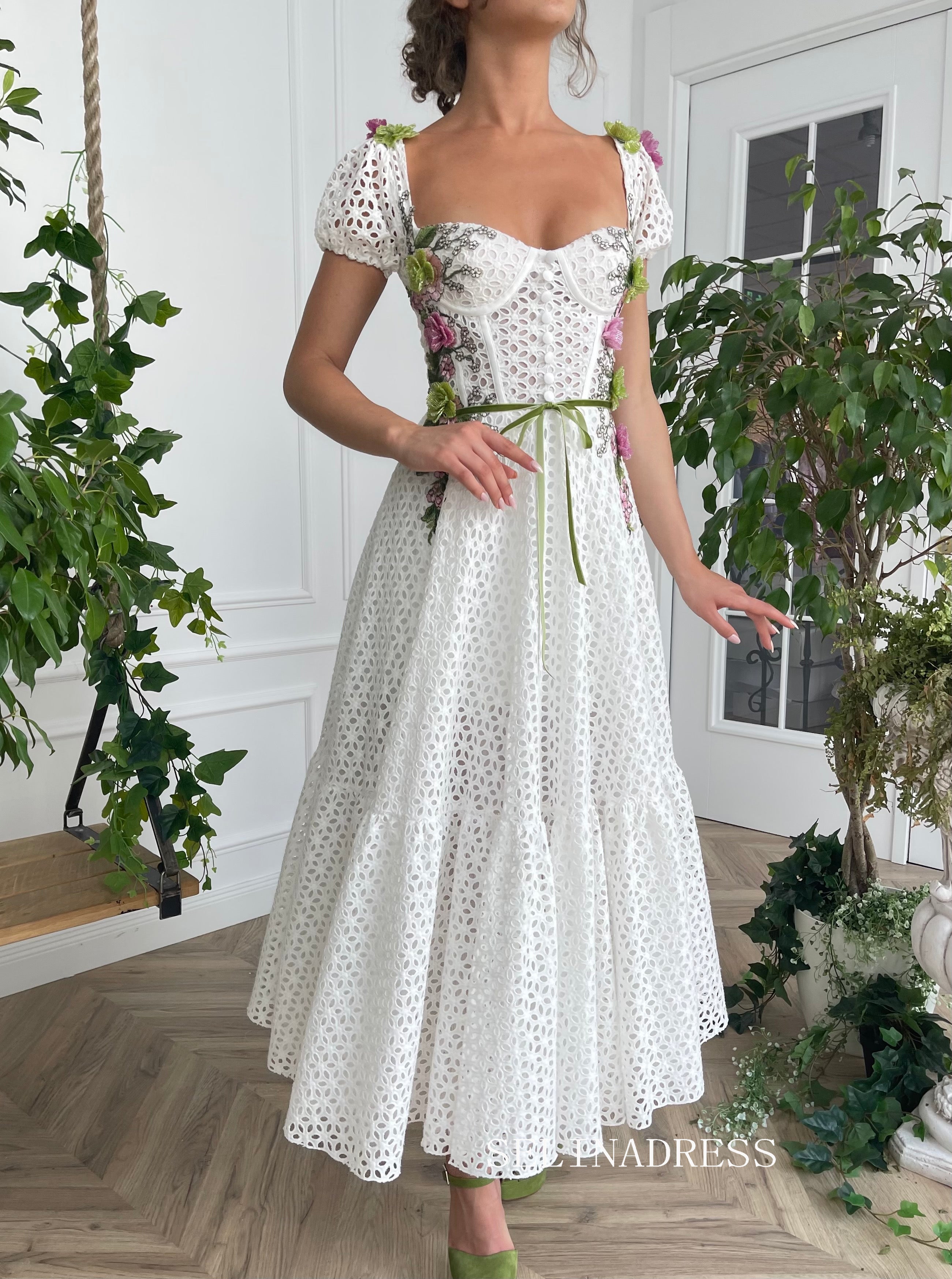 A-line Rosette Ivy Fields Corset Dress Short sleeves Tea Length Prom Dress TUN009|Selinadress