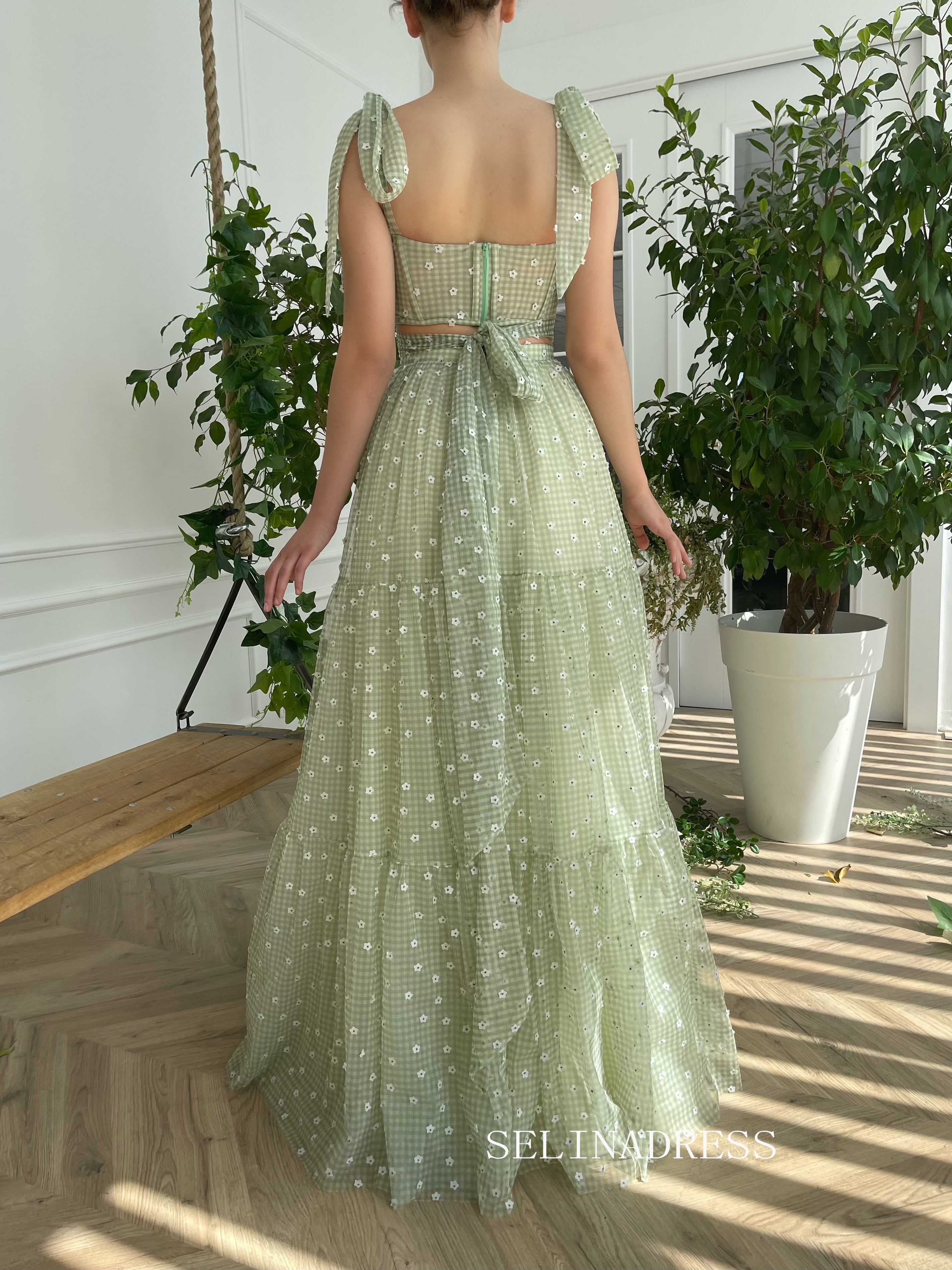 A-line Foor Length Green Ruffle Gown Long Prom Dress With Side pockets TUN010|Selinadress