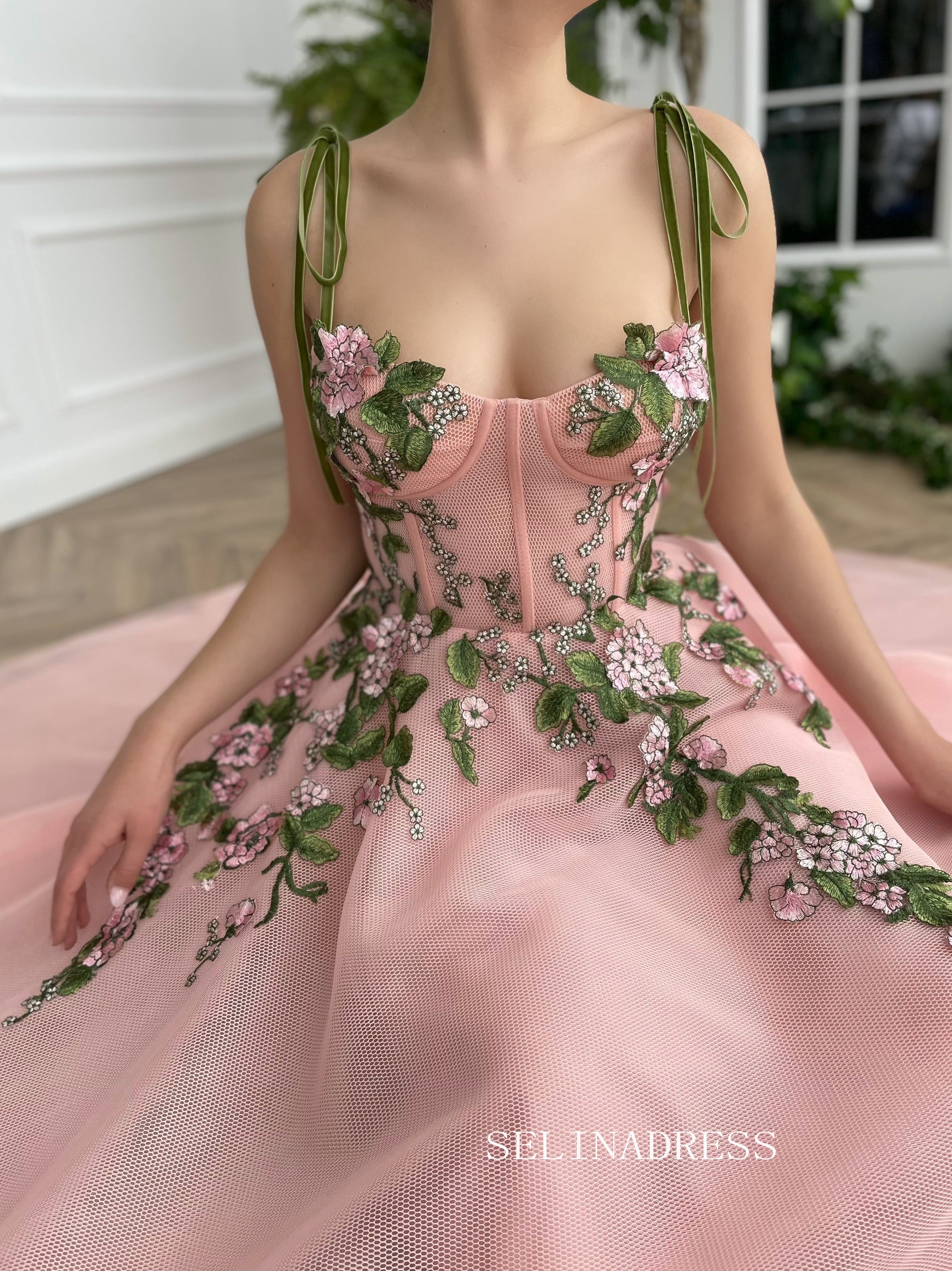 A-line Tea Length Pink Garden Dress Short Prom Dress With Side pockets TUN011|Selinadress