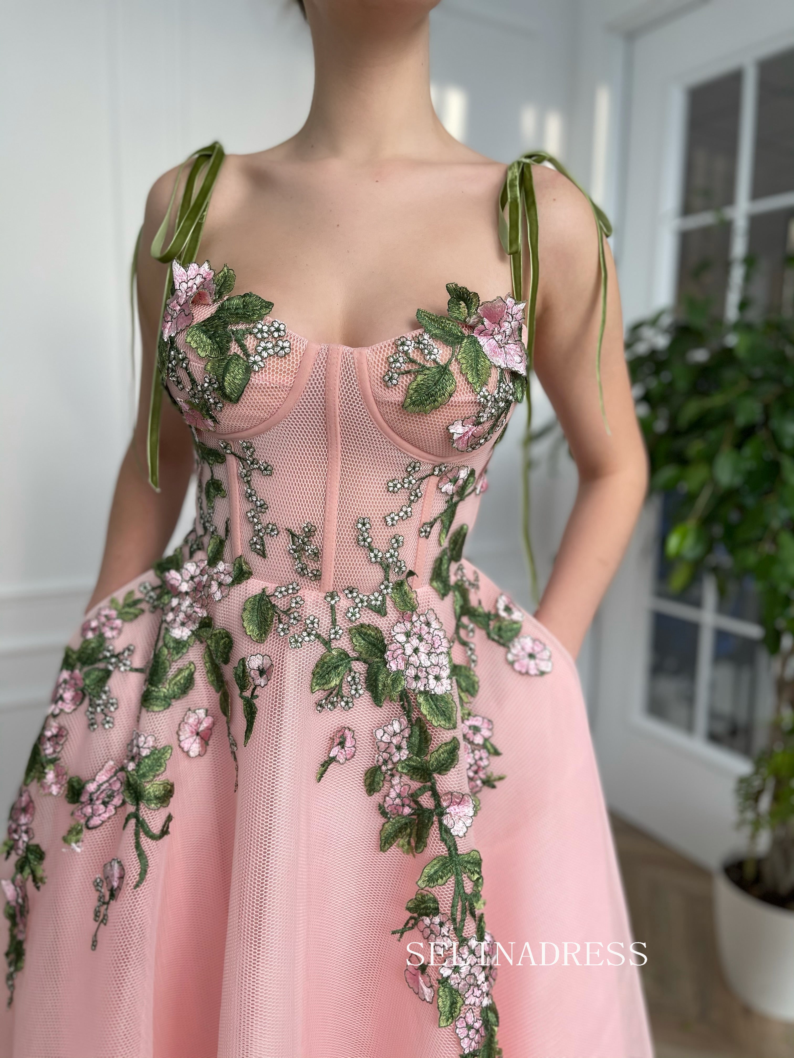 A-line Tea Length Pink Garden Dress Short Prom Dress With Side pockets TUN011|Selinadress