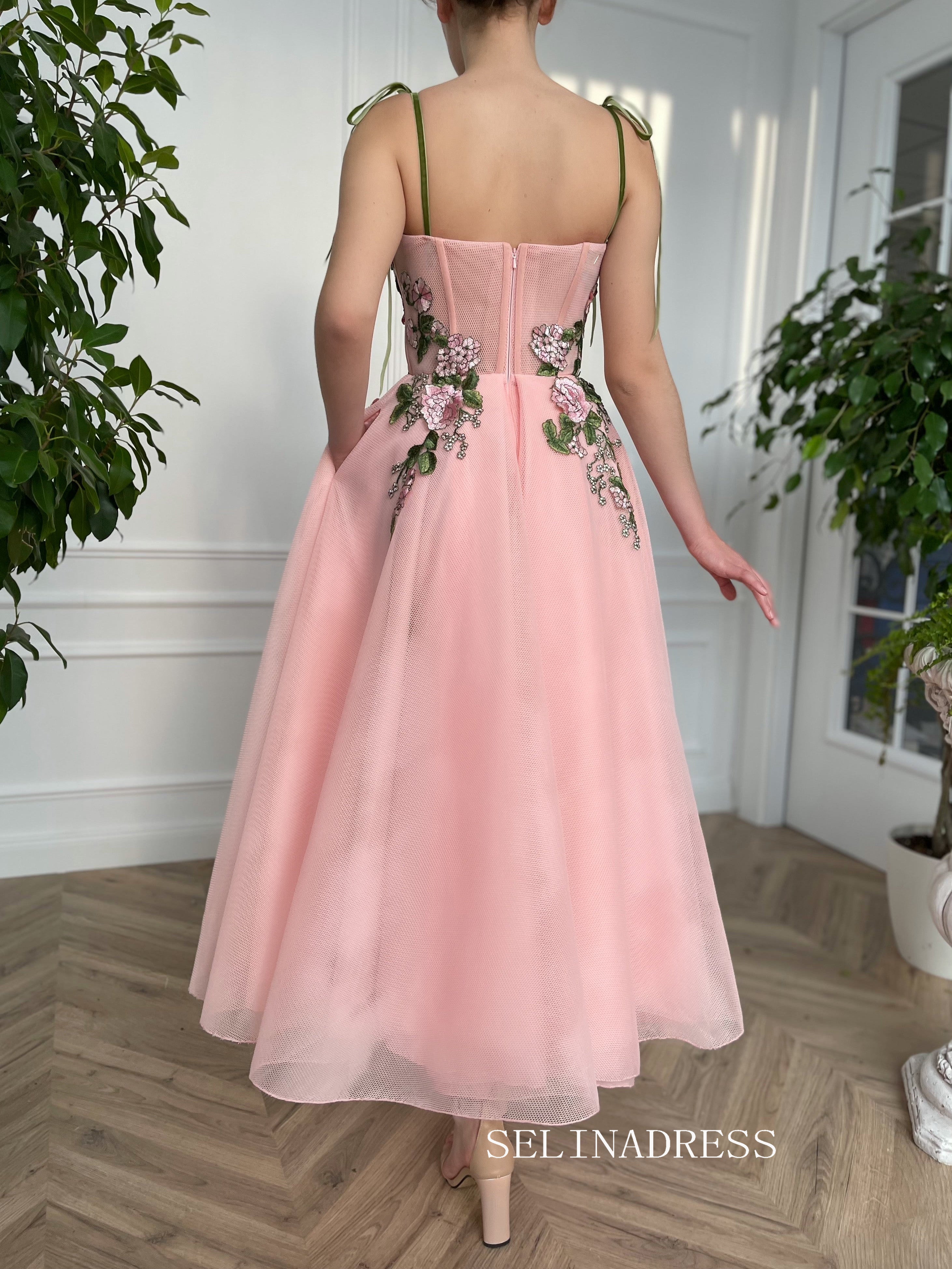 A-line Tea Length Pink Garden Dress Short Prom Dress With Side pockets TUN011|Selinadress