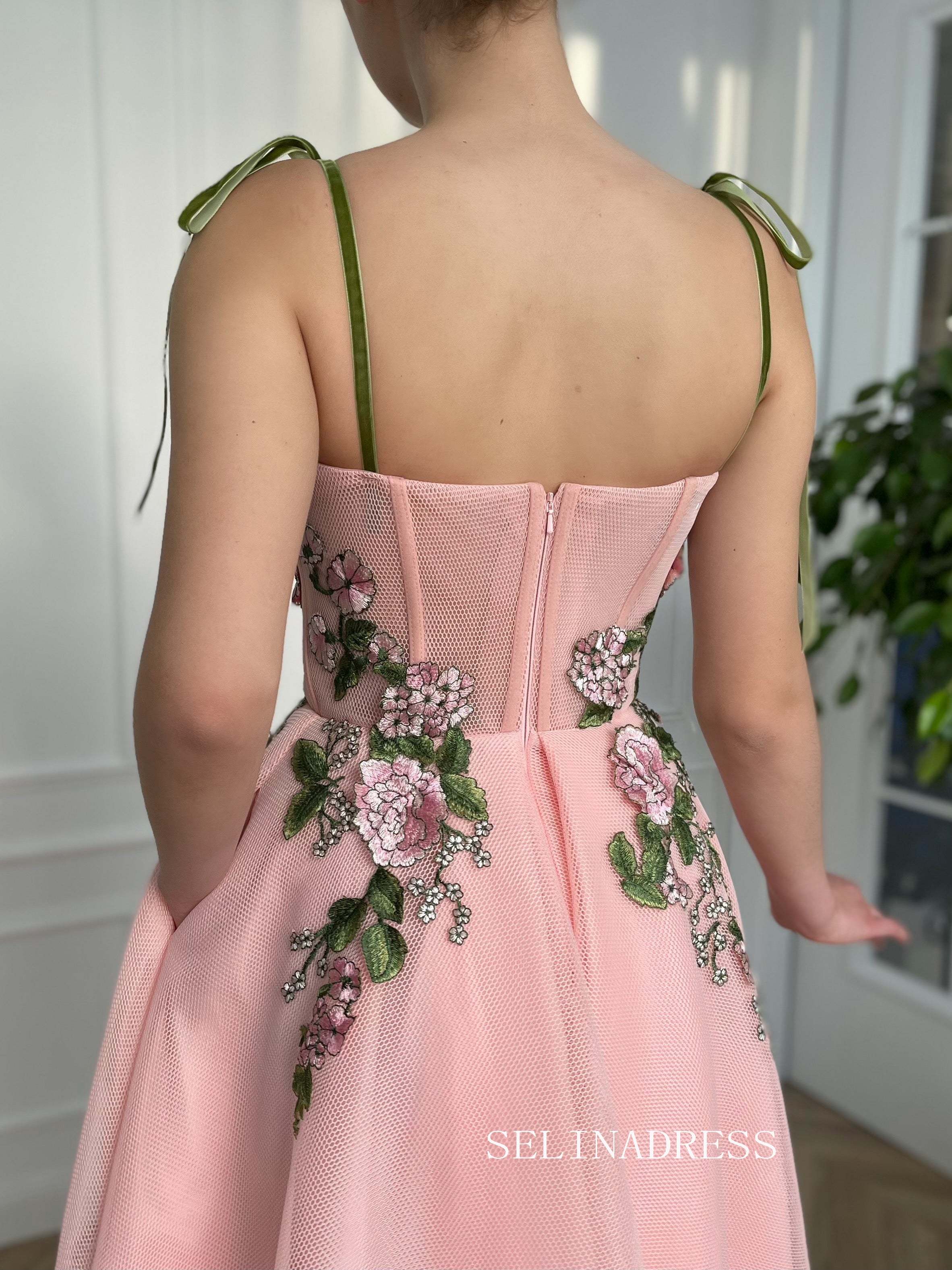 A-line Tea Length Pink Garden Dress Short Prom Dress With Side pockets TUN011|Selinadress
