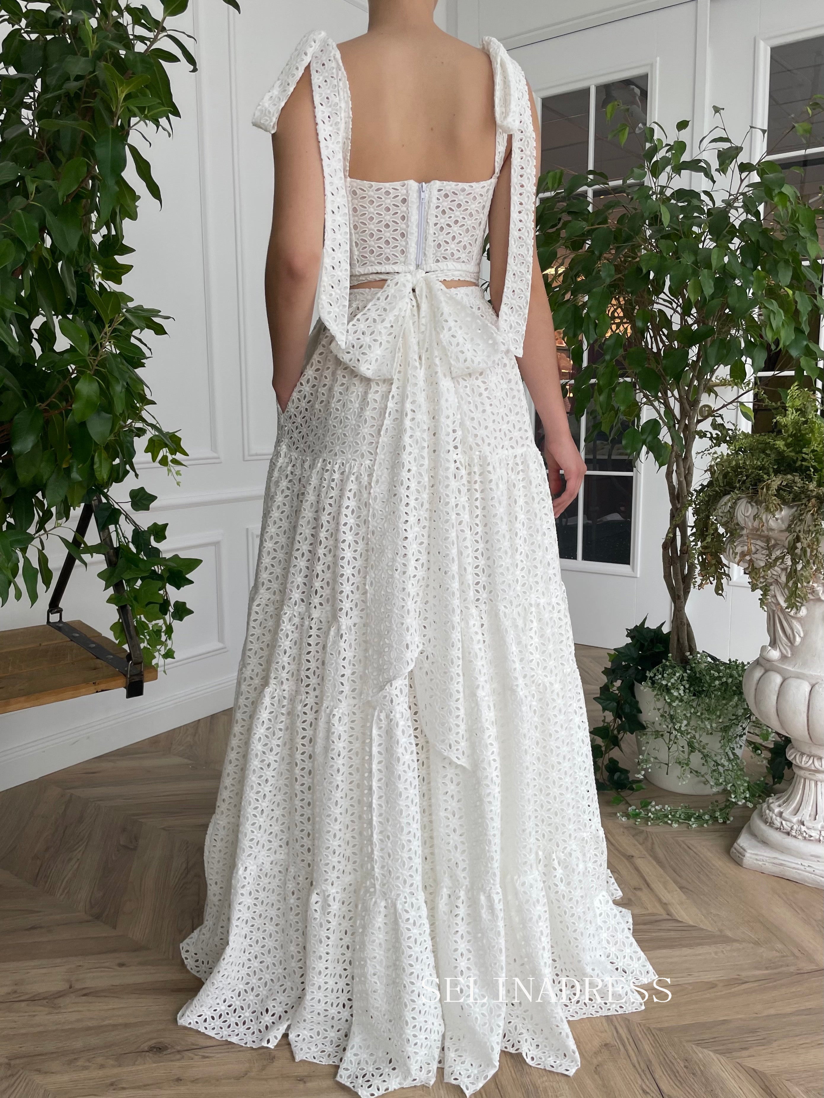 Two Pieces White Calla Lily Bloom Gown A-line Floor-length Prom Dresses TUN013|Selinadress
