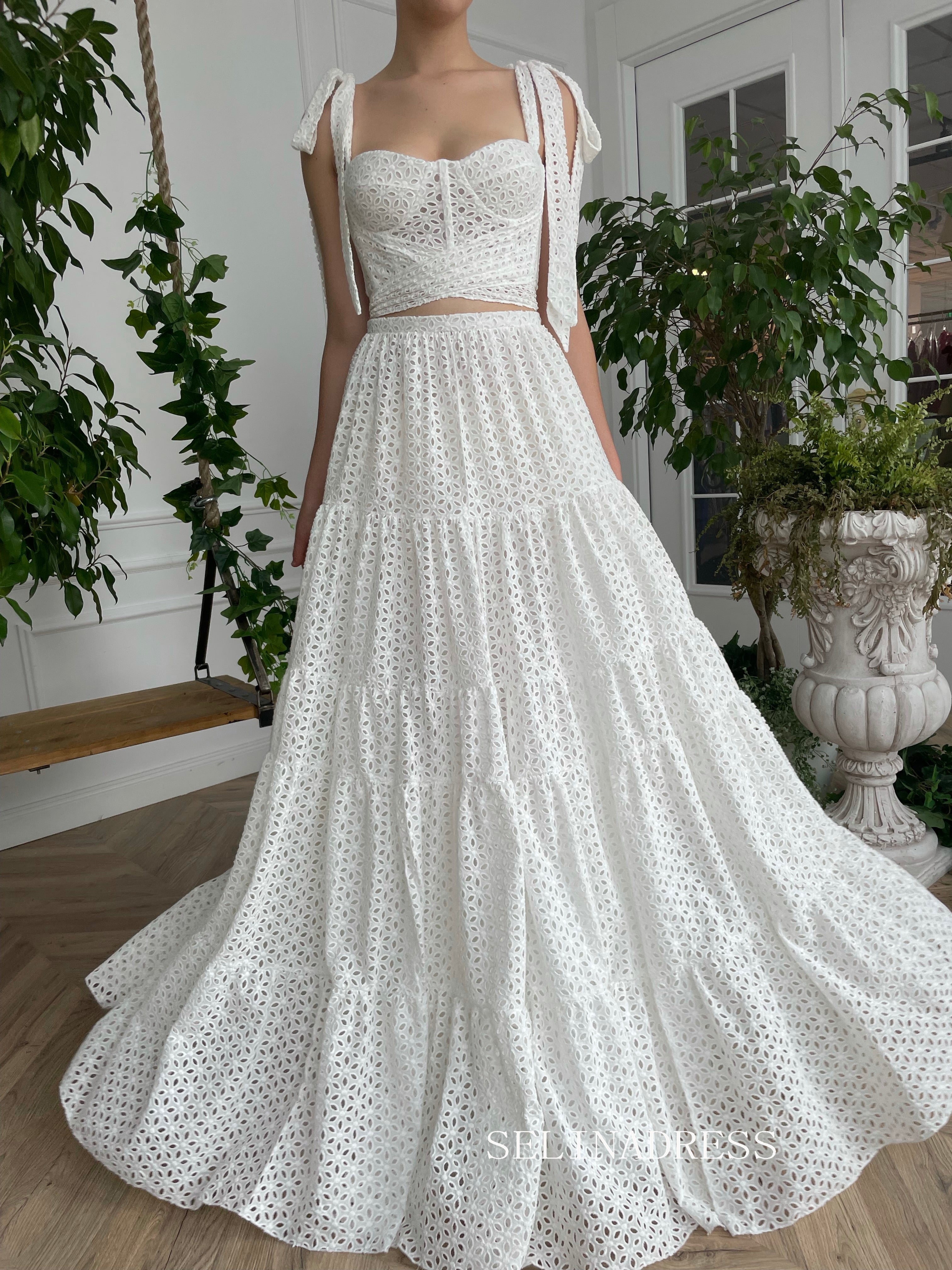 Two Pieces White Calla Lily Bloom Gown A-line Floor-length Prom Dresses TUN013|Selinadress