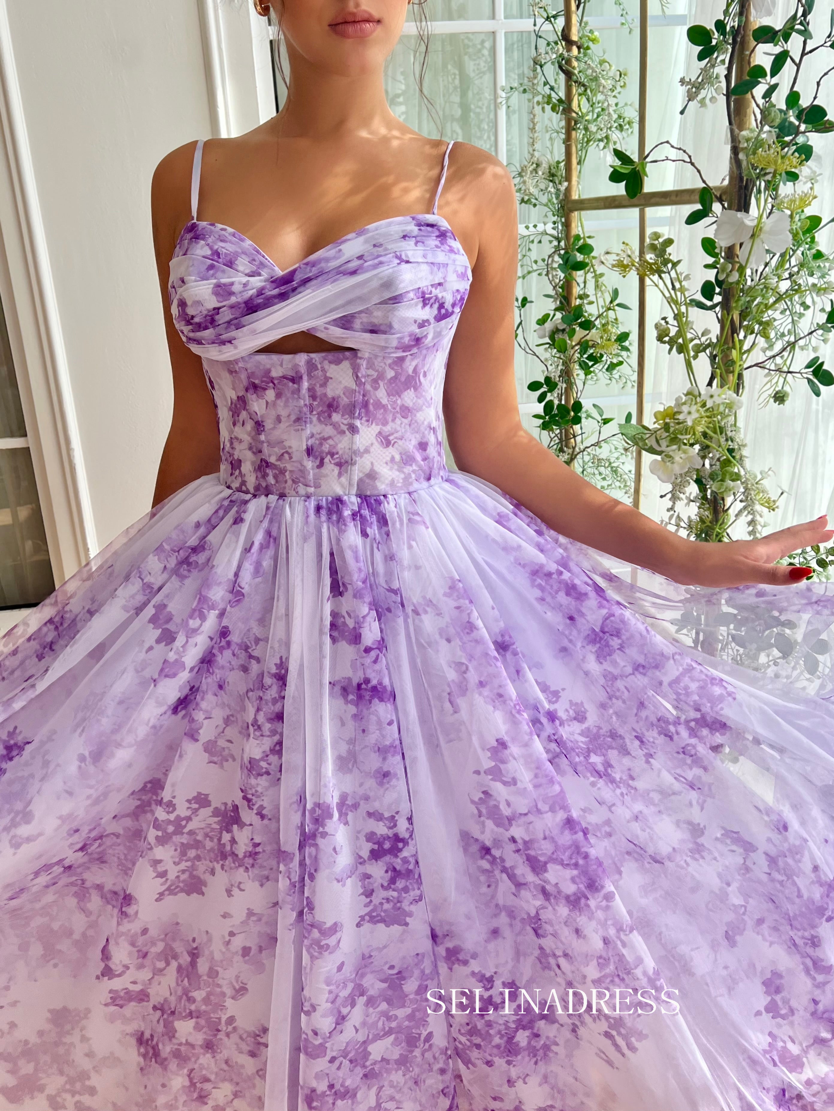 Lavender A-line Midi Dress Floral Prom Dresses TUN016|Selinadress