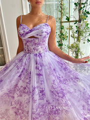 Lavender A-line Midi Dress Floral Prom Dresses TUN016|Selinadress