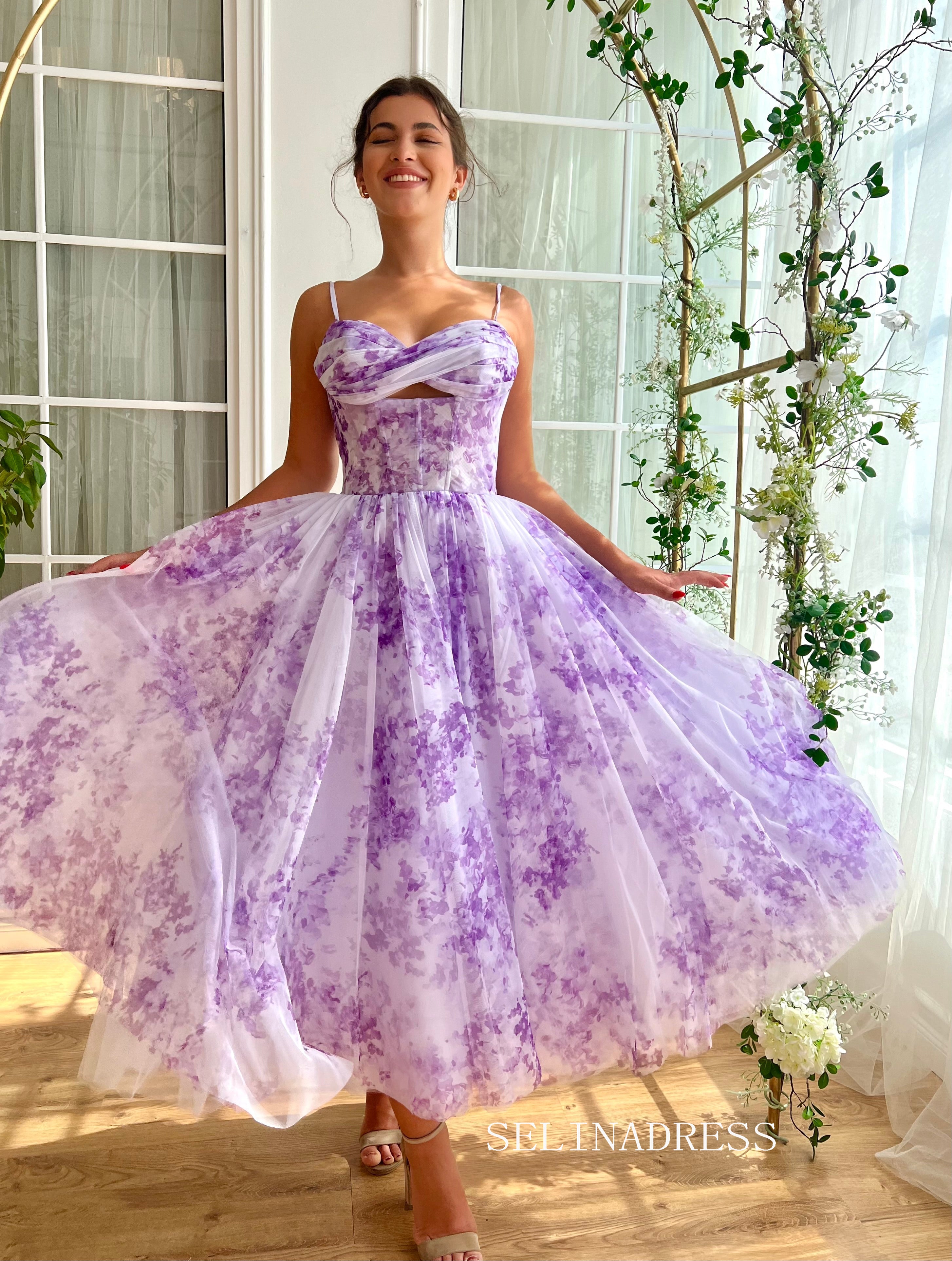 Lavender A-line Midi Dress Floral Prom Dresses TUN016|Selinadress