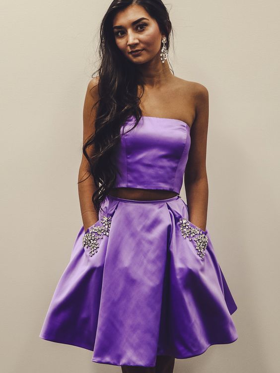 Two Piece Short Prom Dress With Pocket Lilac Homecoming Dress kts093|Selinadress