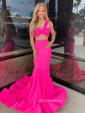 Two Pieces One Shoulder Mermaid Long Prom Dresses Hot Pink Evening Gowns sew1013|Selinadress