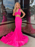 Two Pieces One Shoulder Mermaid Long Prom Dresses Hot Pink Evening Gowns sew1013|Selinadress