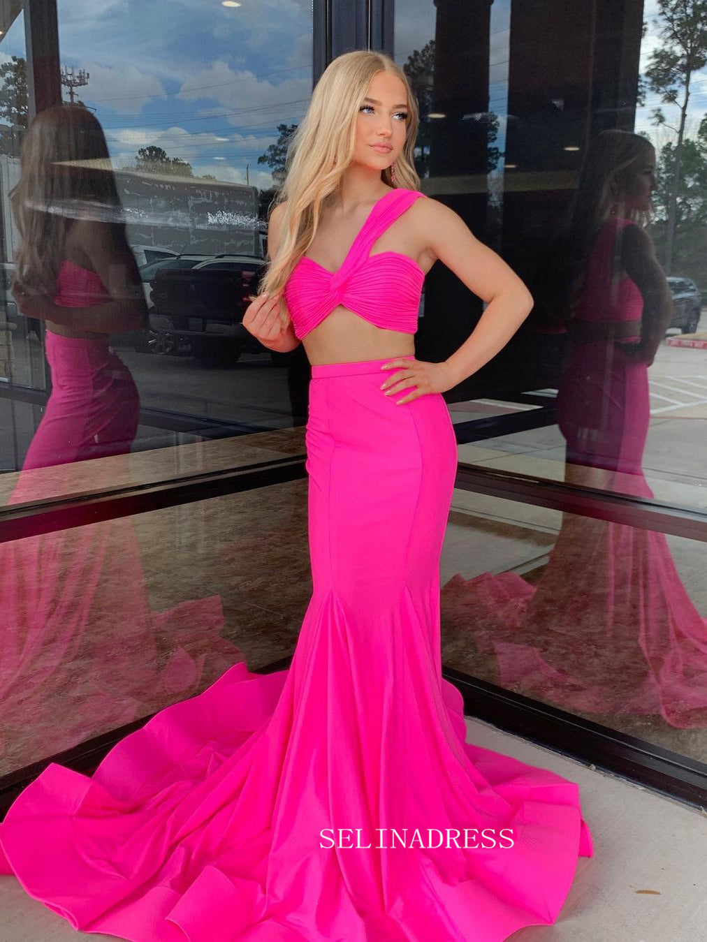 Two Pieces One Shoulder Mermaid Long Prom Dresses Hot Pink Evening Gow SELINADRESS Two Pieces One Shoulder Mermaid Long Prom Dresses Hot Pink Evening Gow SELINADRESS