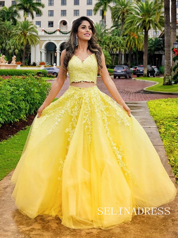 Two Pieces Spaghetti Straps Yellow Long Prom Dresses Lace Evening Dress lpk523|Selinadress