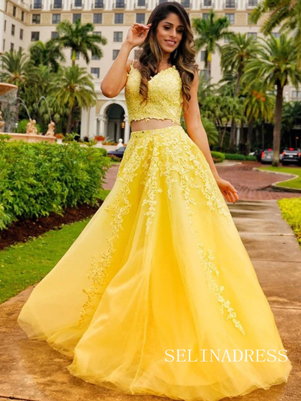 Evening Gowns Two Piece Prom Dresses Yellow Two Piece Yellow Mermaid Lace Prom Dresses With Slit Evening Gowns Two Piece Prom Dresses Yellow Two Piece Yellow Mermaid Lace Prom Dresses With Slit