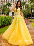 Two Pieces Spaghetti Straps Yellow Long Prom Dresses Lace Evening Dress lpk523|Selinadress
