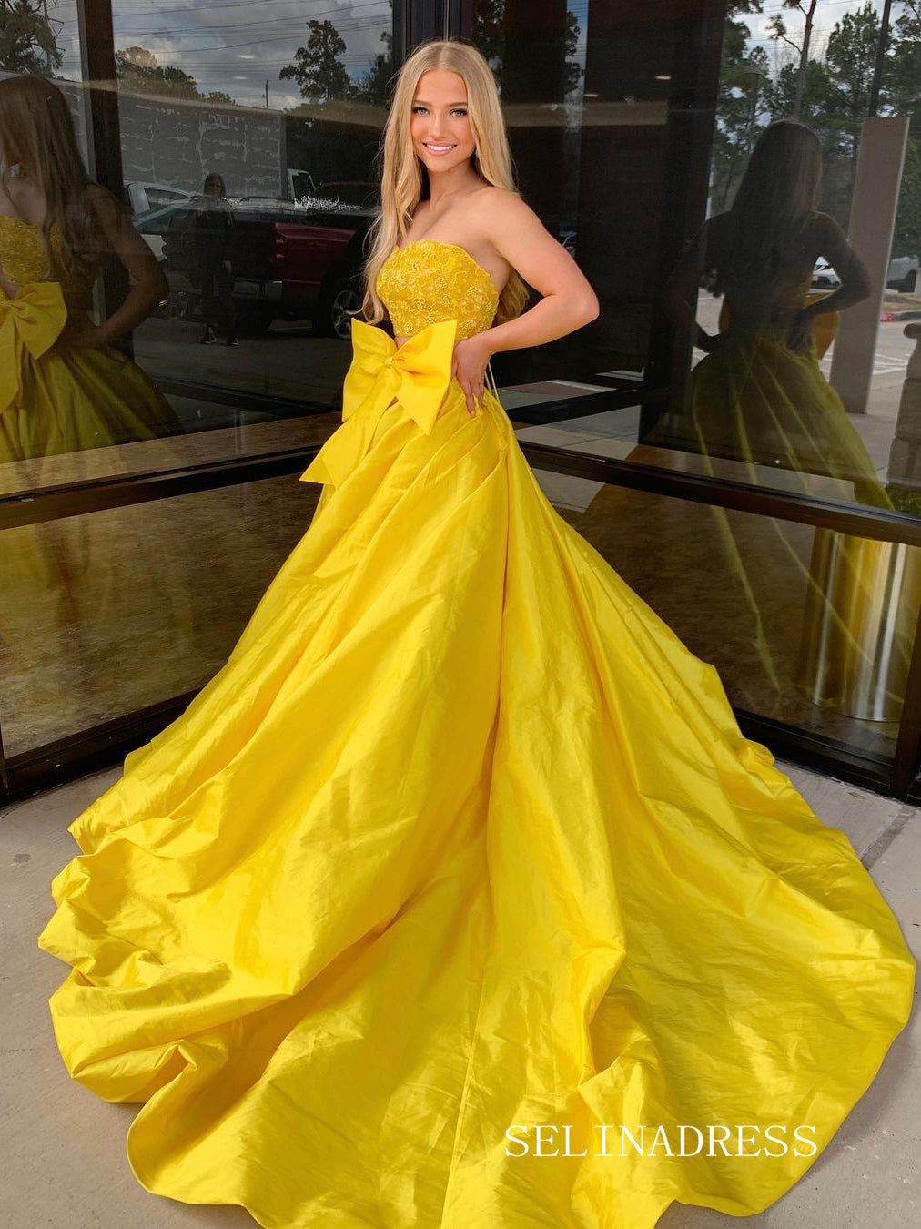 Two Pieces Yellow Lace Long Prom Dress With Big Bow Evening