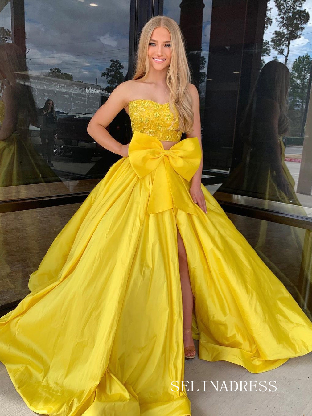 Two Pieces Yellow Lace Long Prom Dress With Big Bow Evening